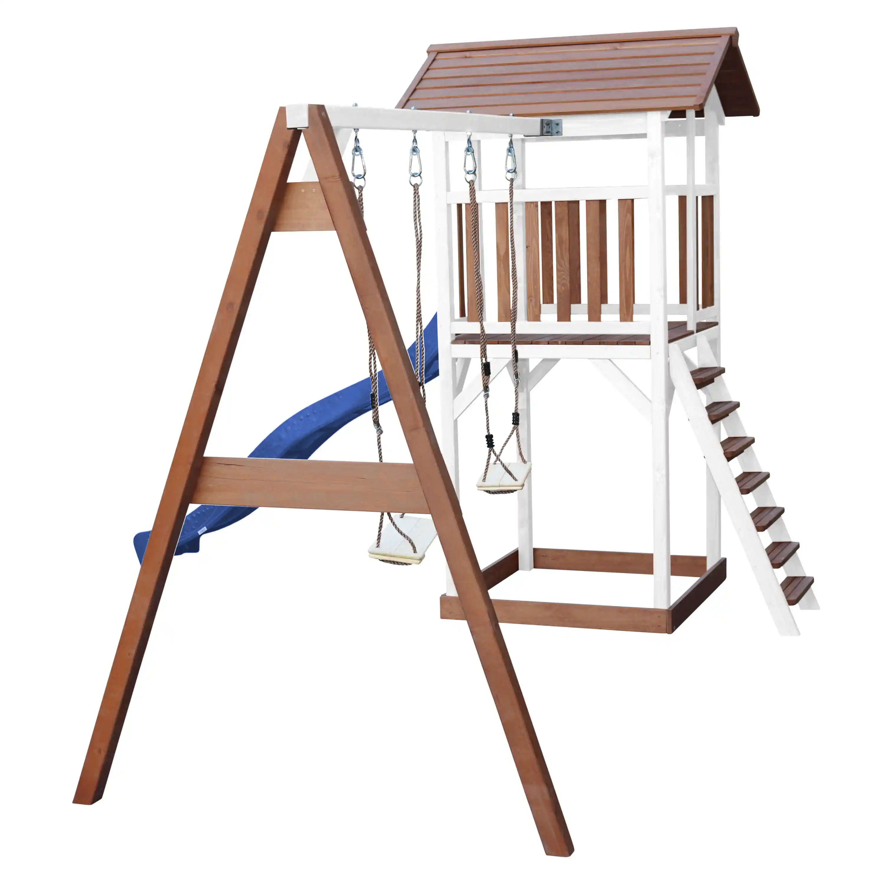 AXI Beach Tower Speeltoren met Dubbele Schommel Bruin/wit - Blauwe Glijbaan