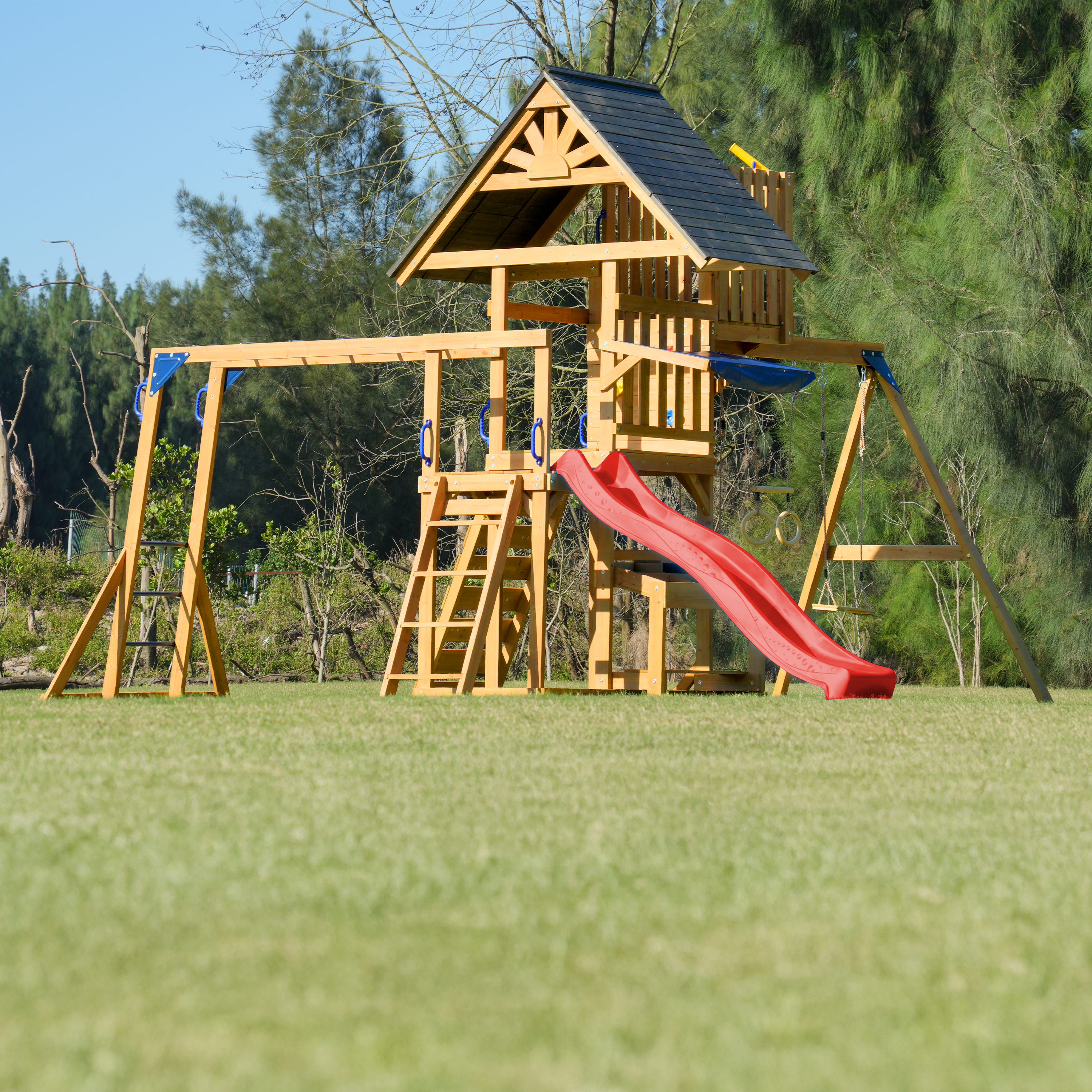 AXI Mitch Climbing Frame with Double Swing. Trapeze and Lookout Tower – Red Slide
