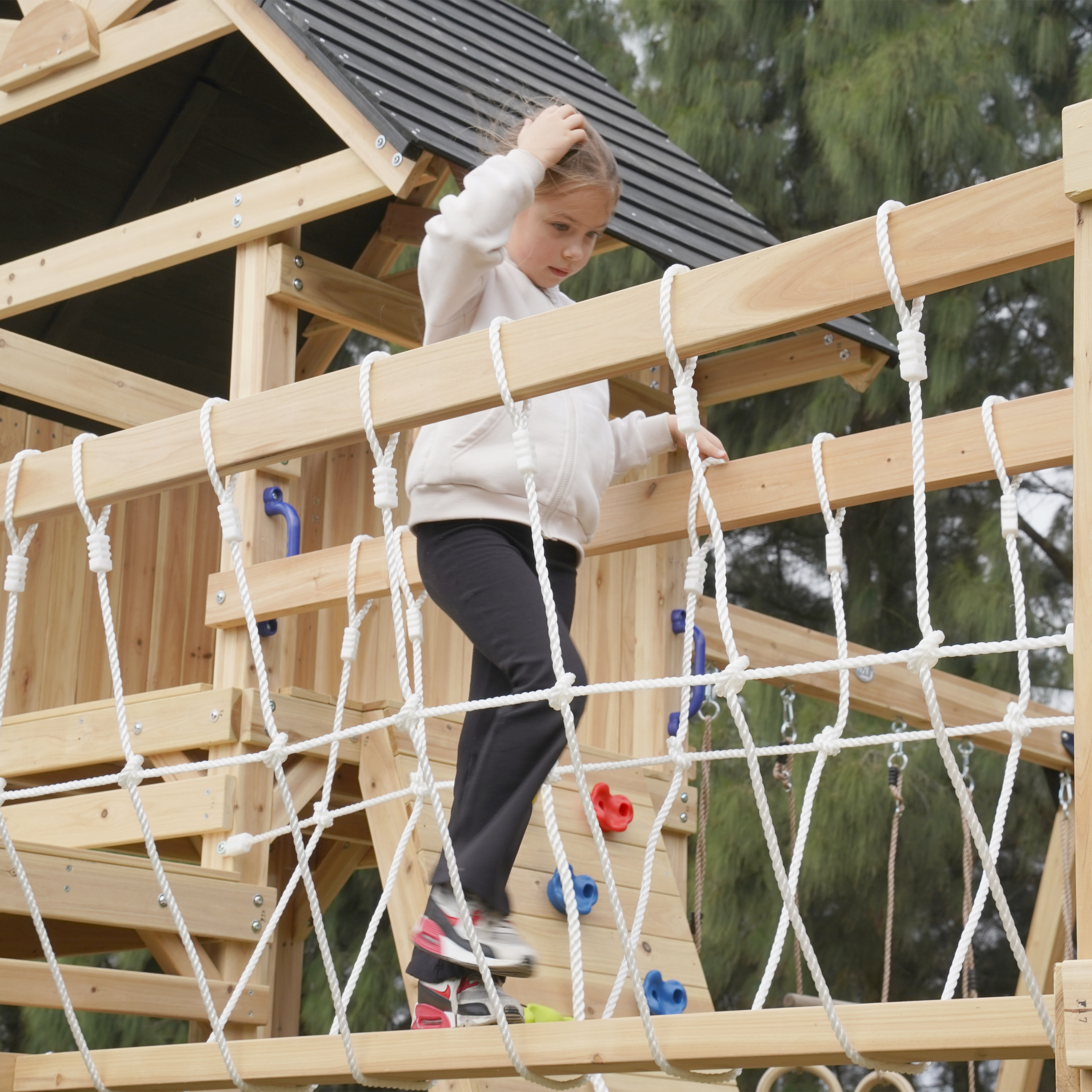 AXI Hunter Climbing Frame with Swings, Climbing Frame, Climbing Bridge and Multiple Platforms – Grey Double Slide