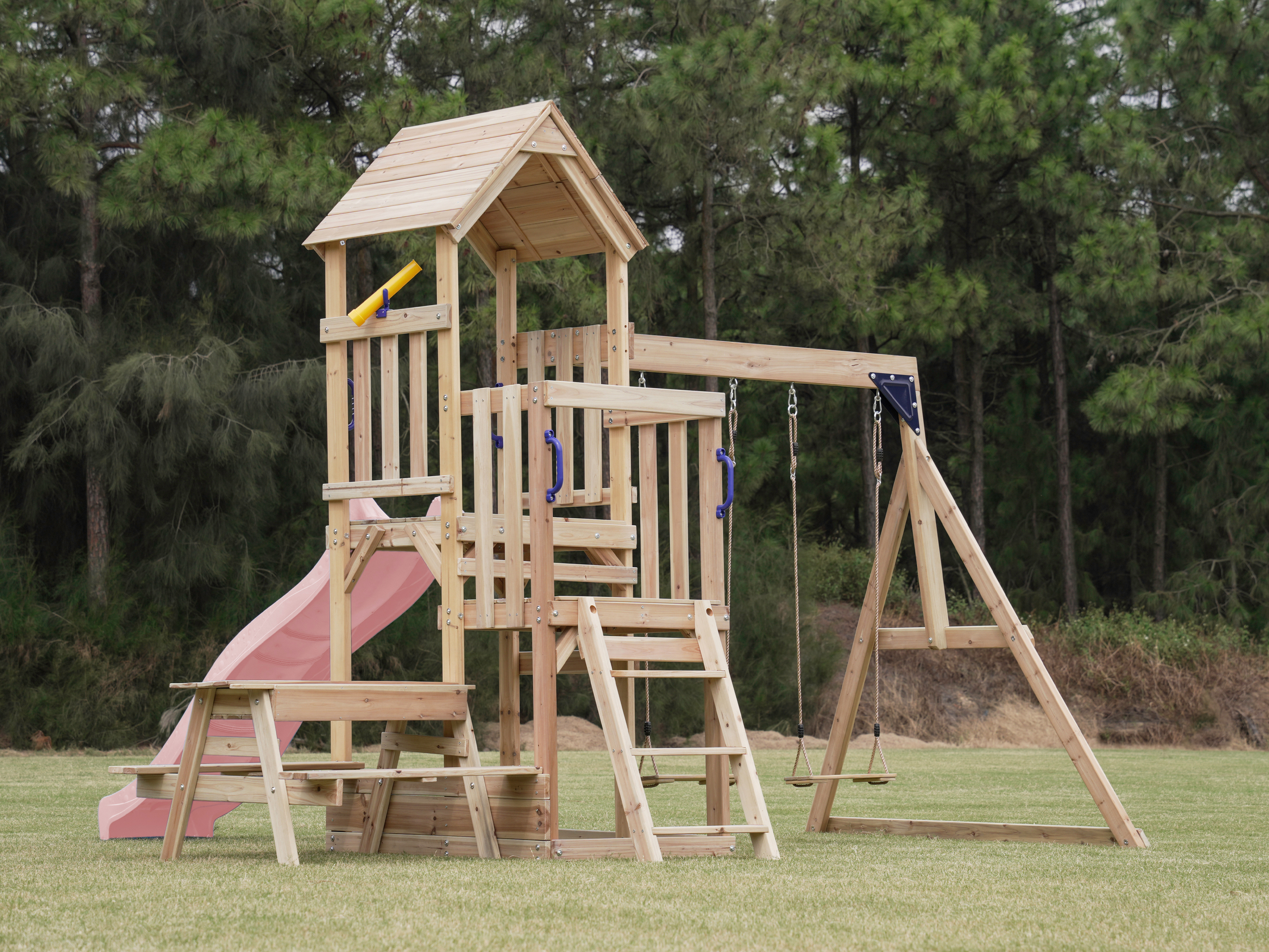 AXI Mette Climbing Frame with Double Swing Set and Picnic Table - Pastel Pink Slide