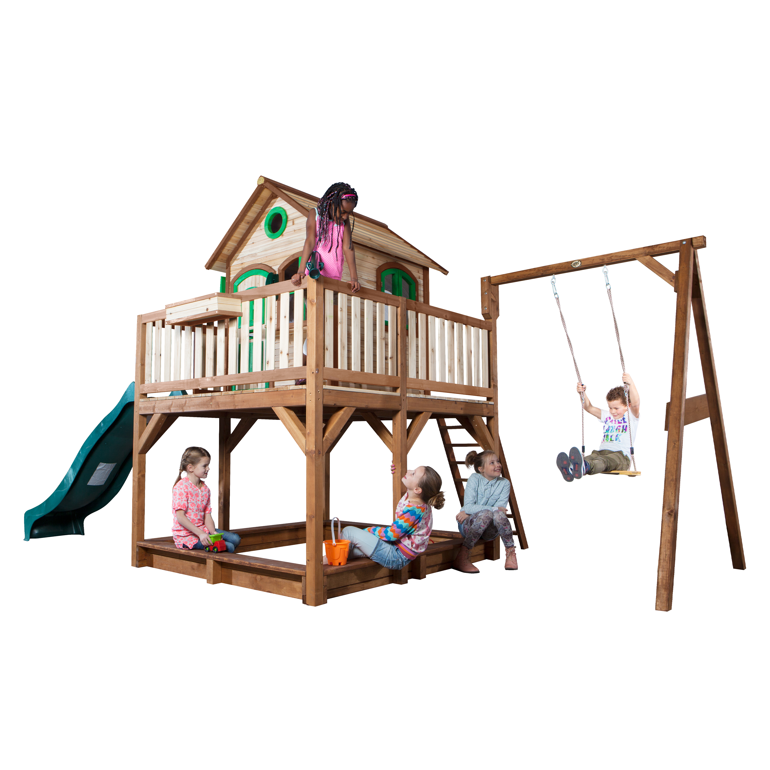 AXI Liam Playhouse with Single Swing Set Brown/Green - Green Slide