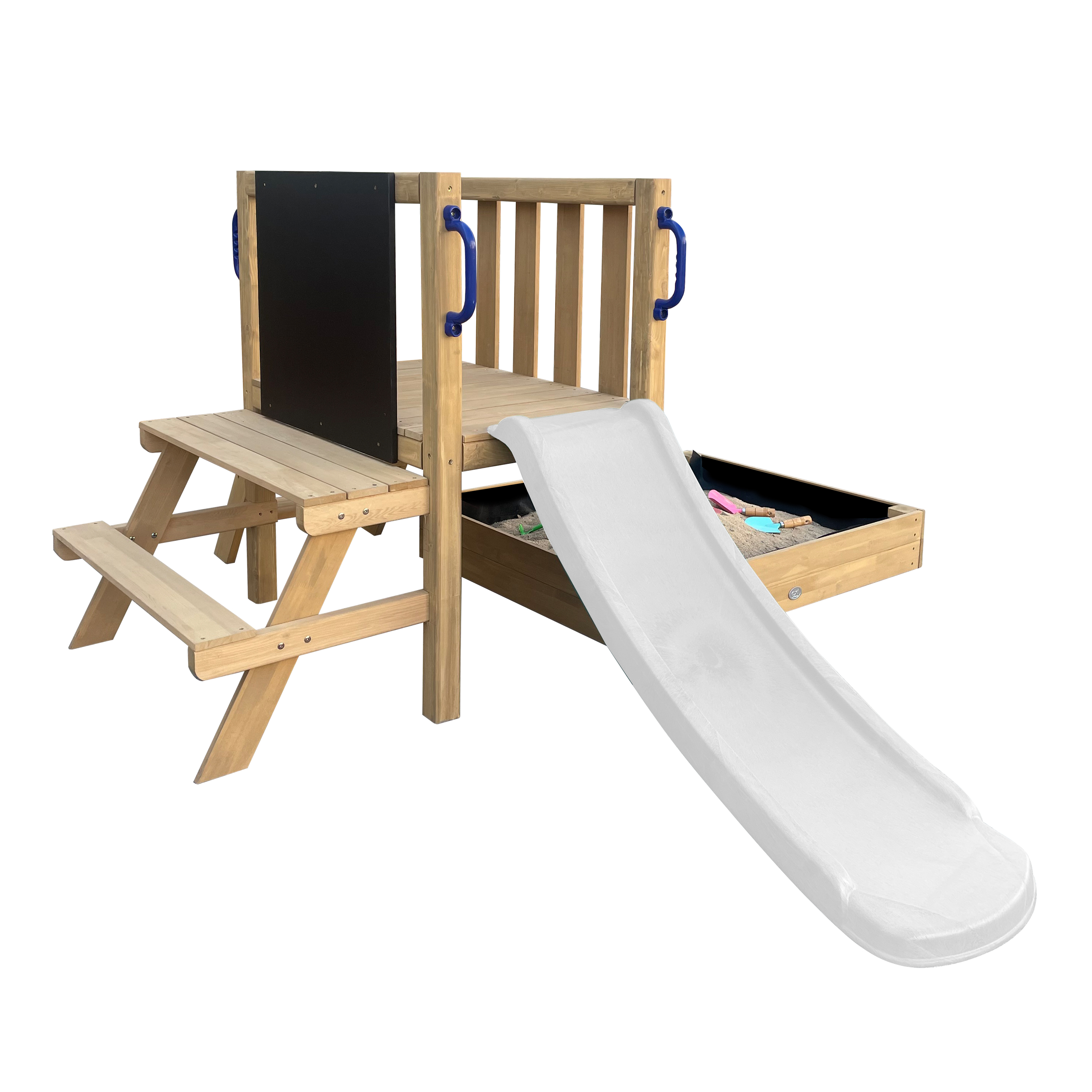 AXI Leah Mini Wooden Playtower with Sandbox. Picnic Table & Chalkboard – White Slide