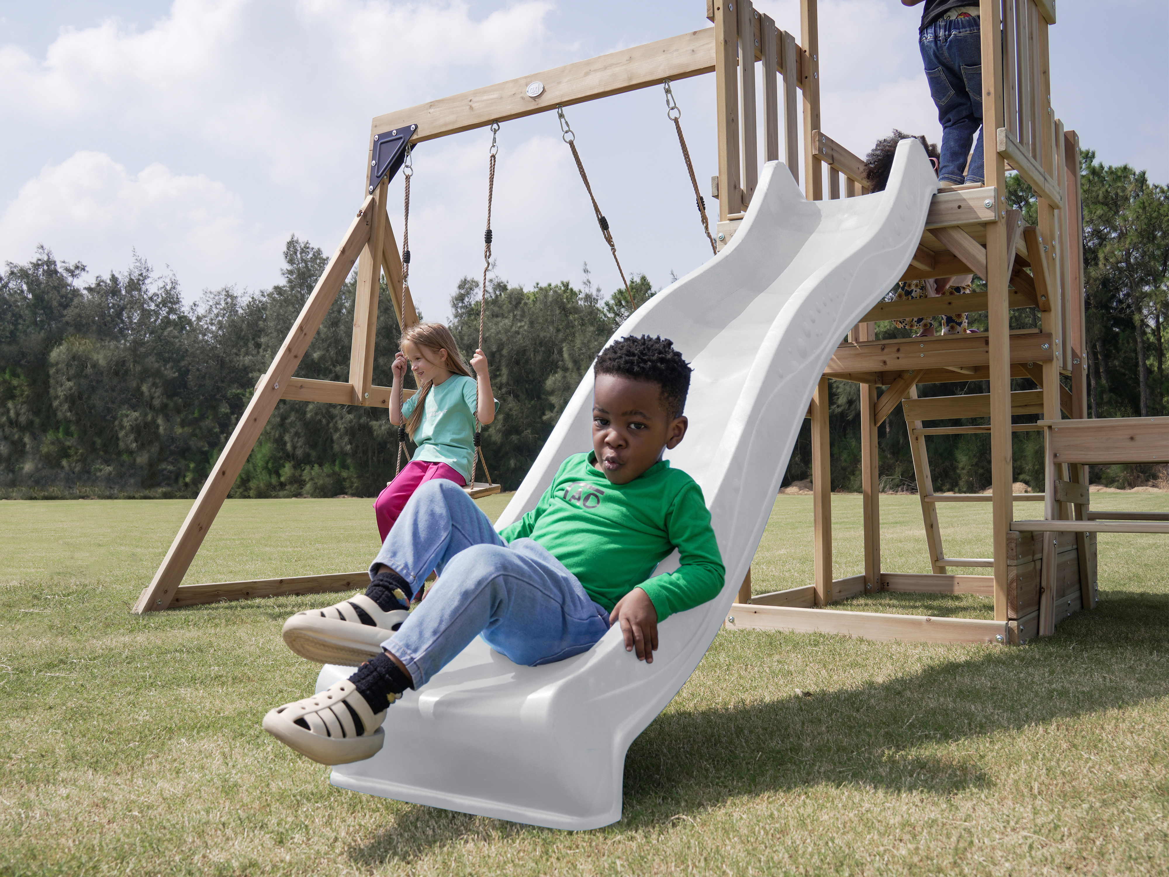 AXI Mette Climbing Frame with Double Swing Set and Picnic Table - White Slide