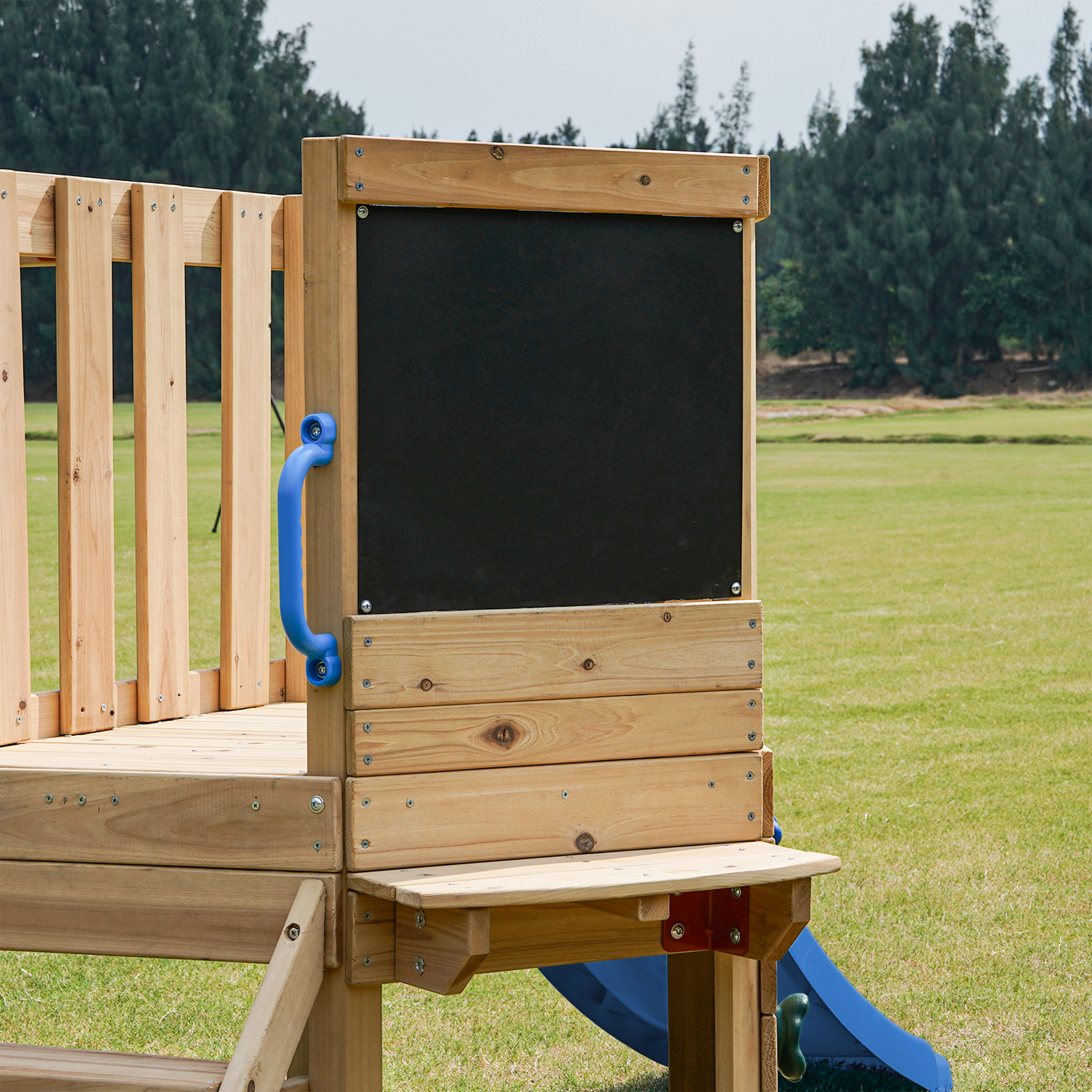 AXI Timo Mini Climbing Frame with Baby Swing, Climbing Wall and Chalkboard – Blue Slide