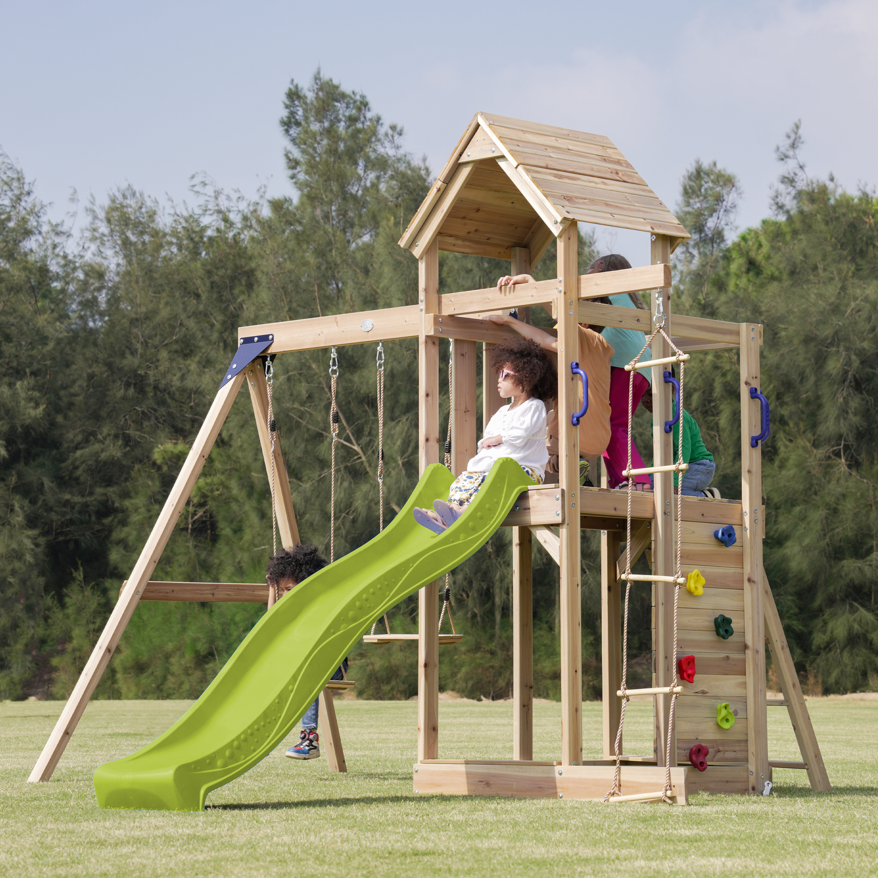 AXI Moos Climbing Frame with Double Swing Set - Lime Green Slide