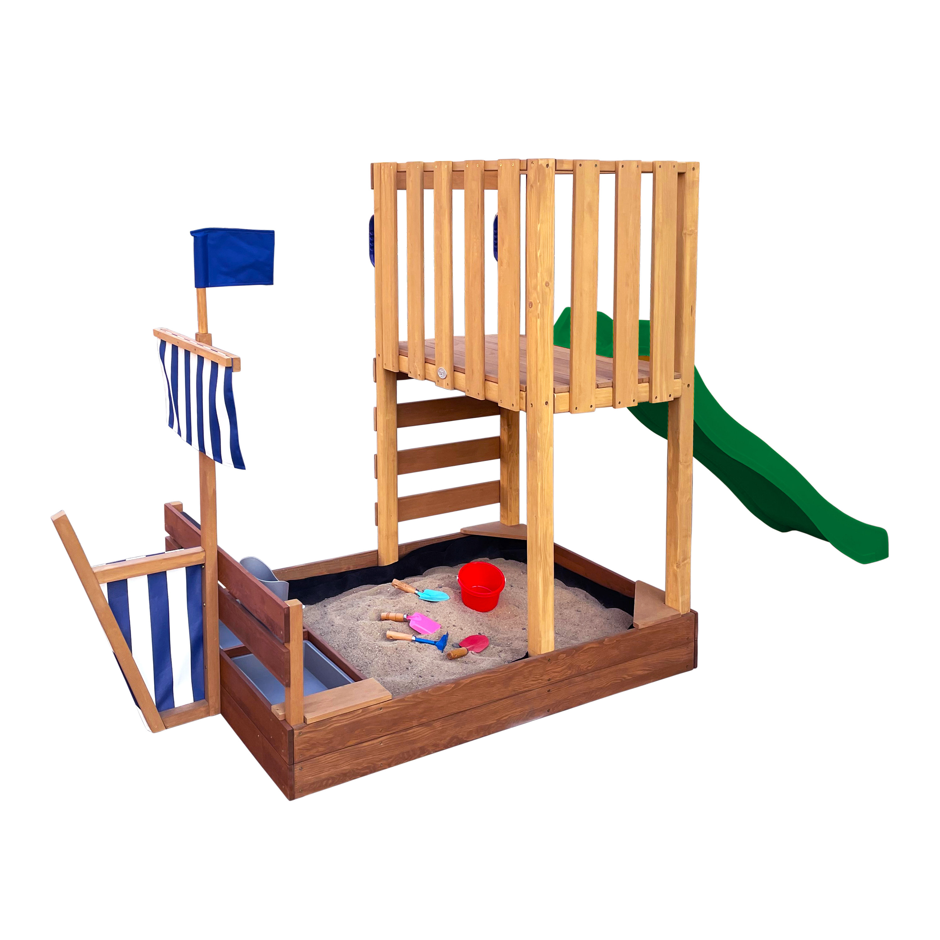 AXI Vicky Climbing Frame with Sandbox. Play Kitchen & Chalkboard – Green Slide