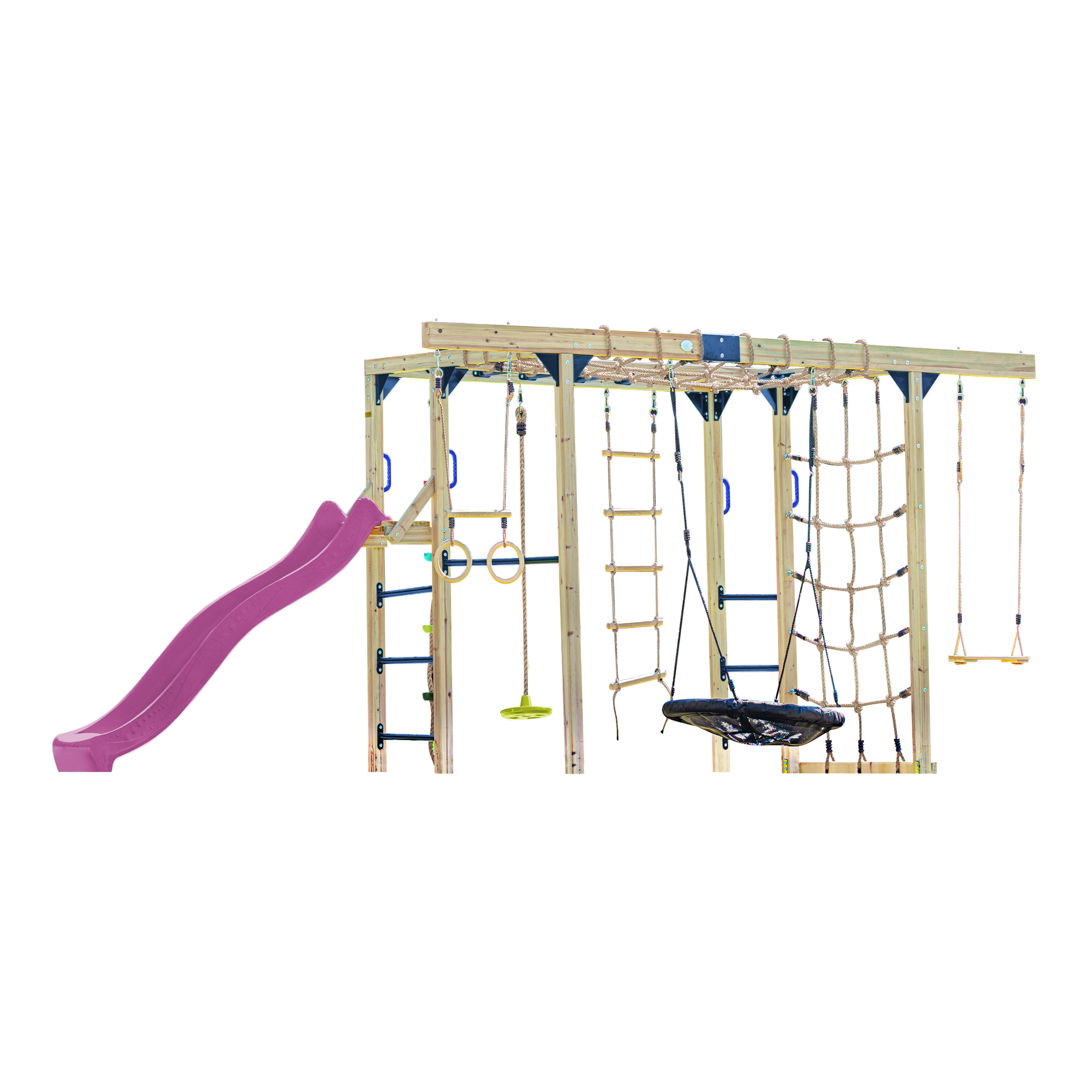 AXI Boris Wooden Playcentre with Swings. Trapeze. Climbing Nets and Monkey Bars – Purple Slide