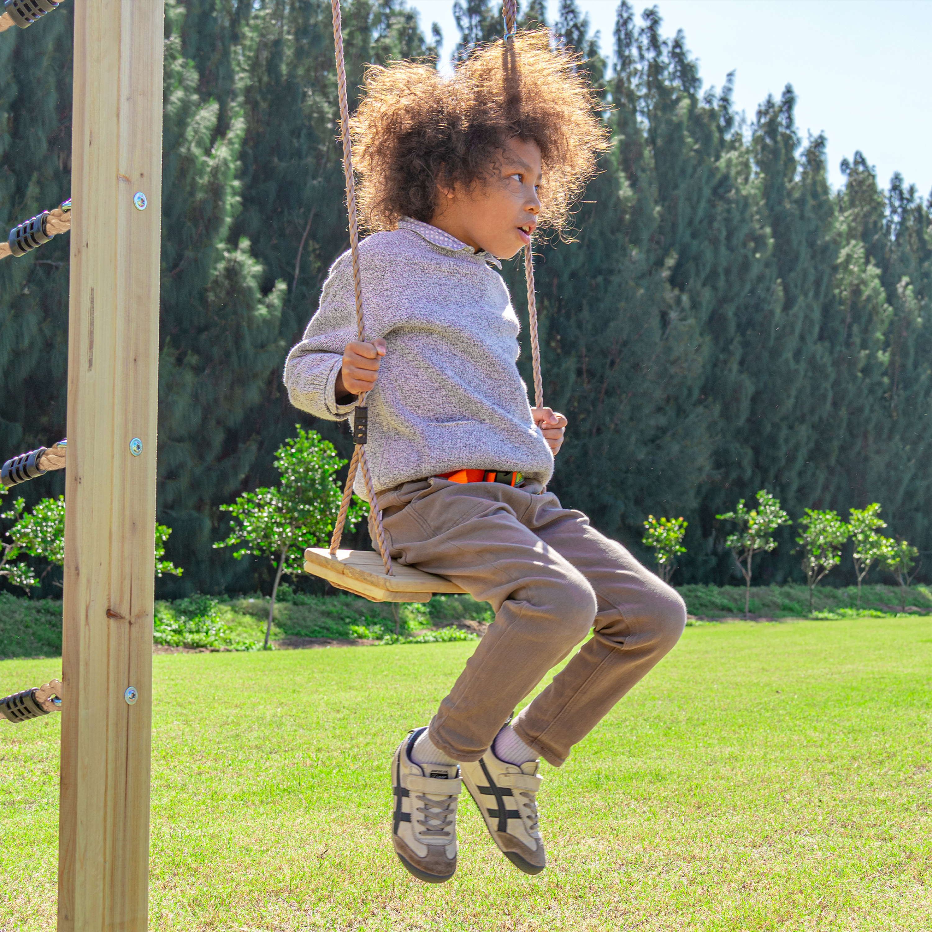 AXI Boris Wooden Playcentre with Swings. Trapeze. Climbing Nets and Monkey Bars – Blue Slide