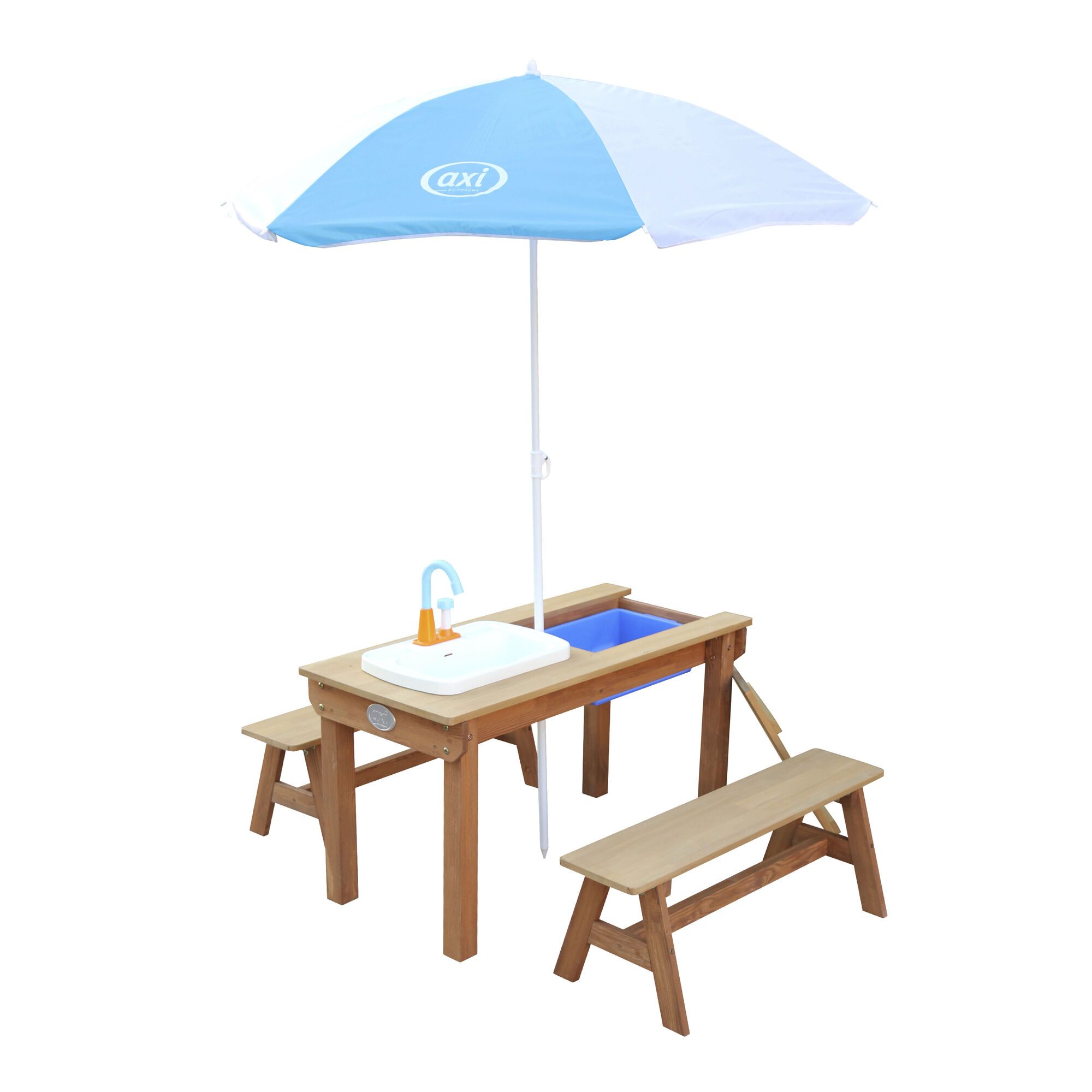AXI Dennis Zand & Water Picknicktafel met Speelkeuken wastafel en losse bankjes Bruin - Parasol Blauw/wit