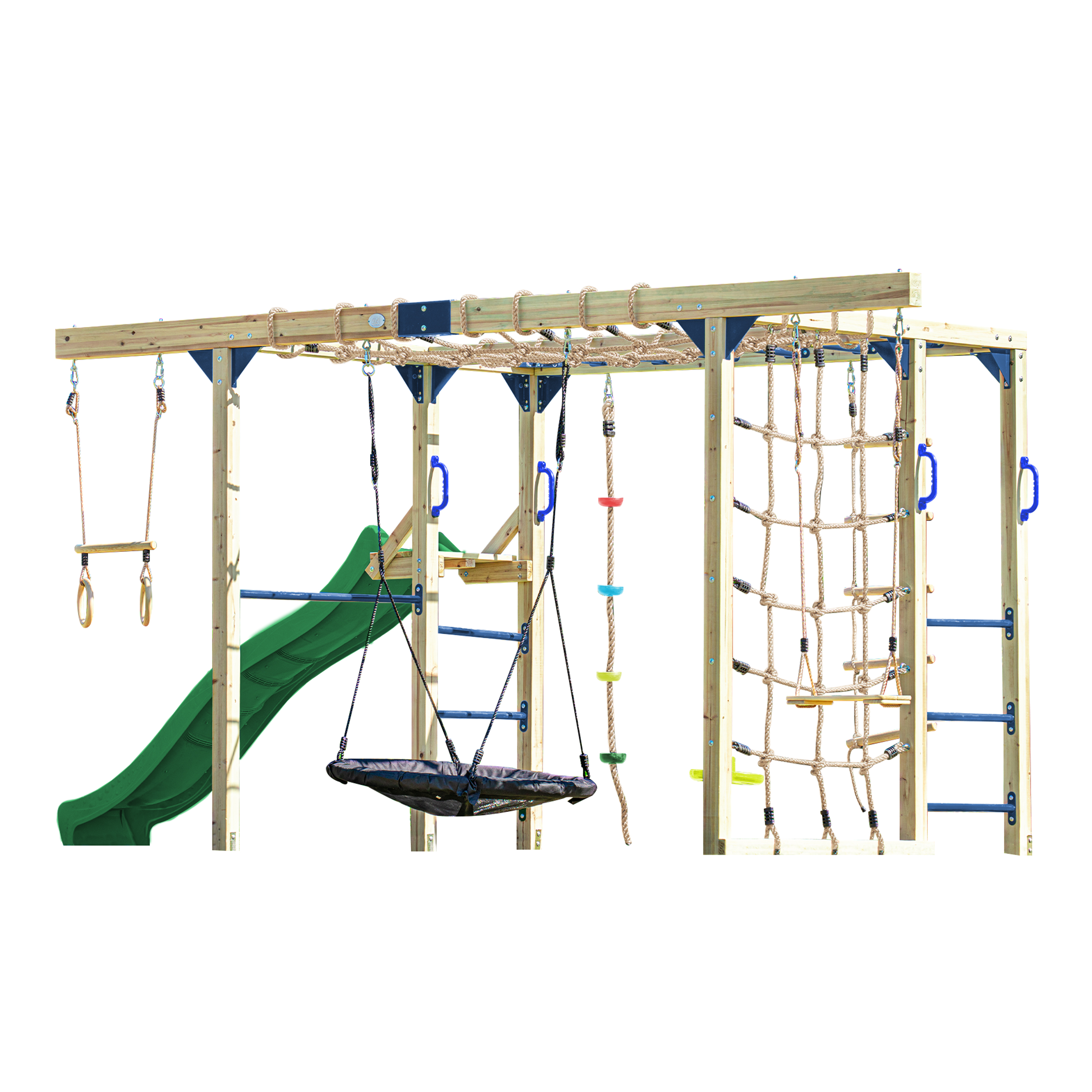 AXI Boris Wooden Playcentre with Swings. Trapeze. Climbing Nets and Monkey Bars – Green Slide-8720365066627 AXI Boris Wooden Playcentre with Swings. Trapeze. Climbing Nets and Monkey Bars – Green Slide
