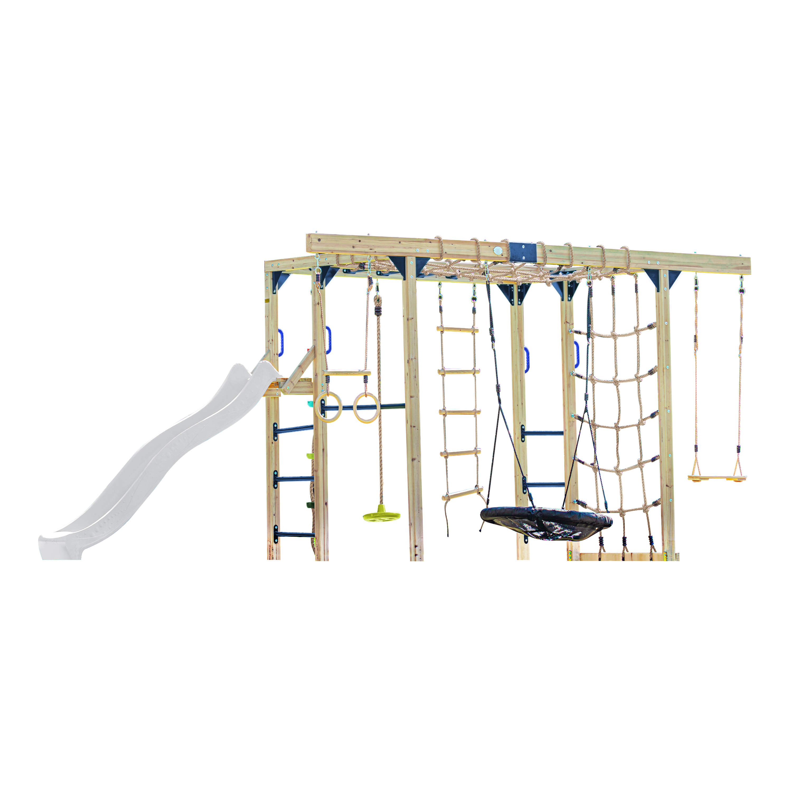 AXI Boris Wooden Playcentre with Swings. Trapeze. Climbing Nets and Monkey Bars – White Slide