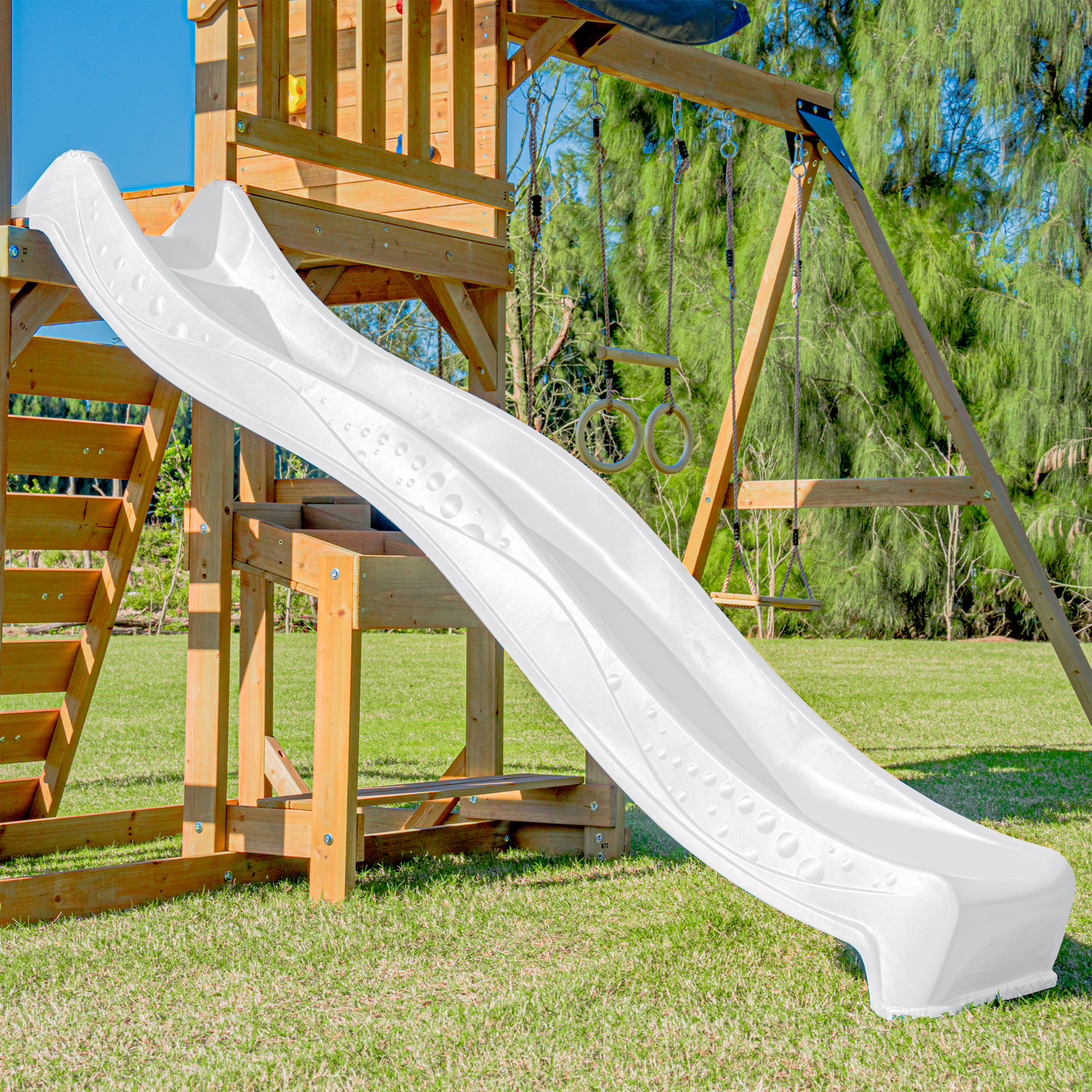 AXI Mitch Climbing Frame with Double Swing. Trapeze and Lookout Tower – White Slide