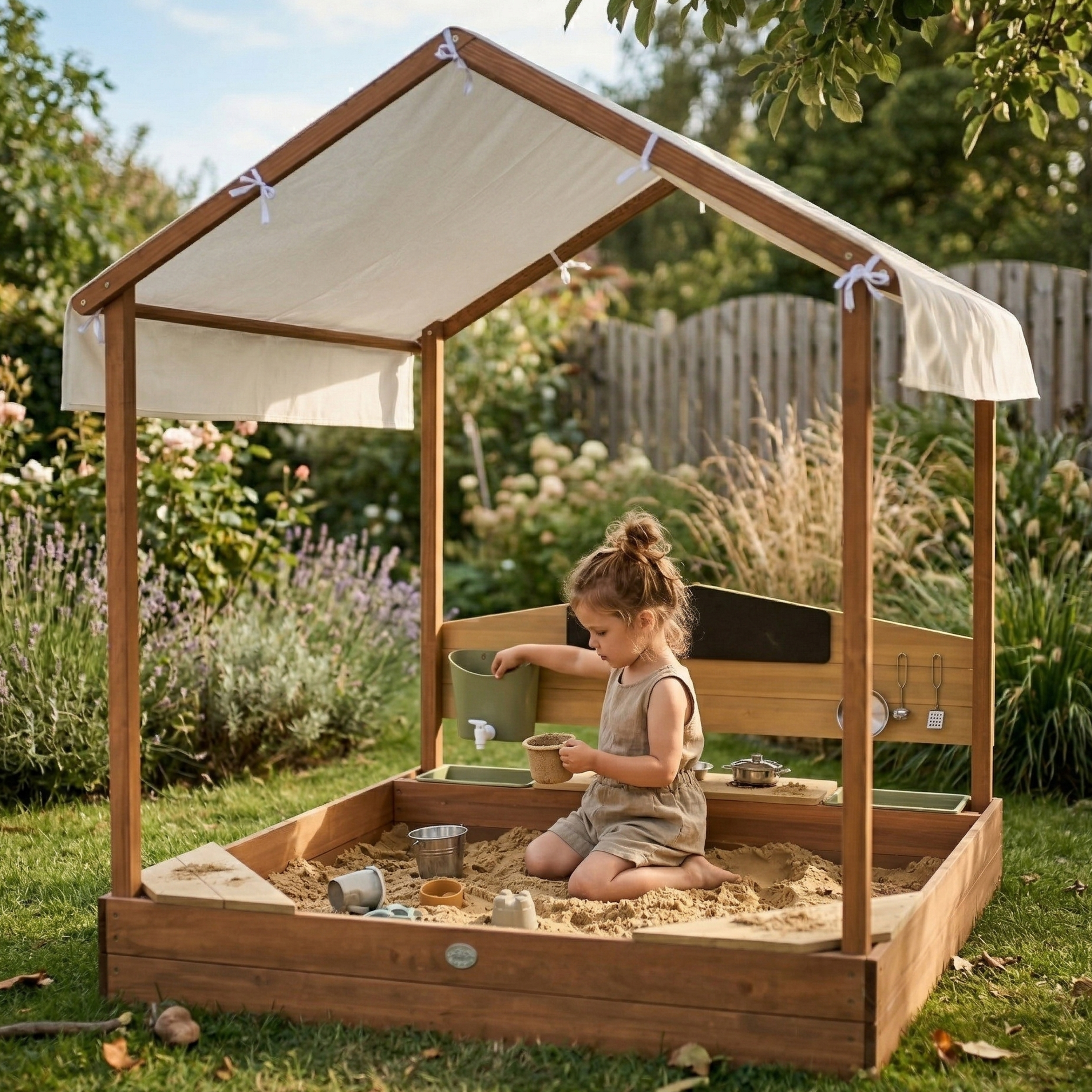AXI Meli Sandbox & Playhouse with Play Kitchen - 120 x 120 cm - Brown