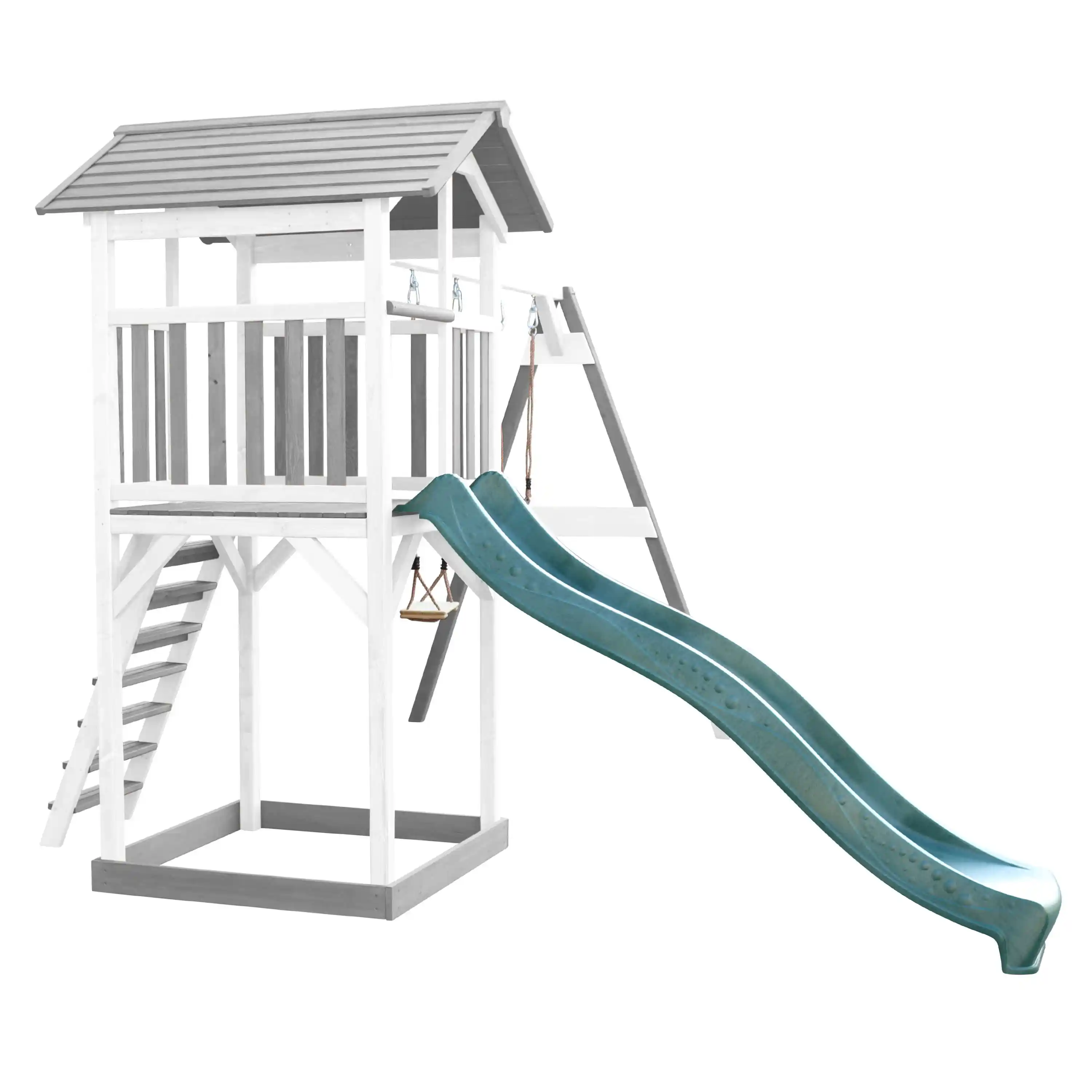 AXI Beach Tower Speeltoren met Dubbele Schommel Grijs/wit - Groene Glijbaan