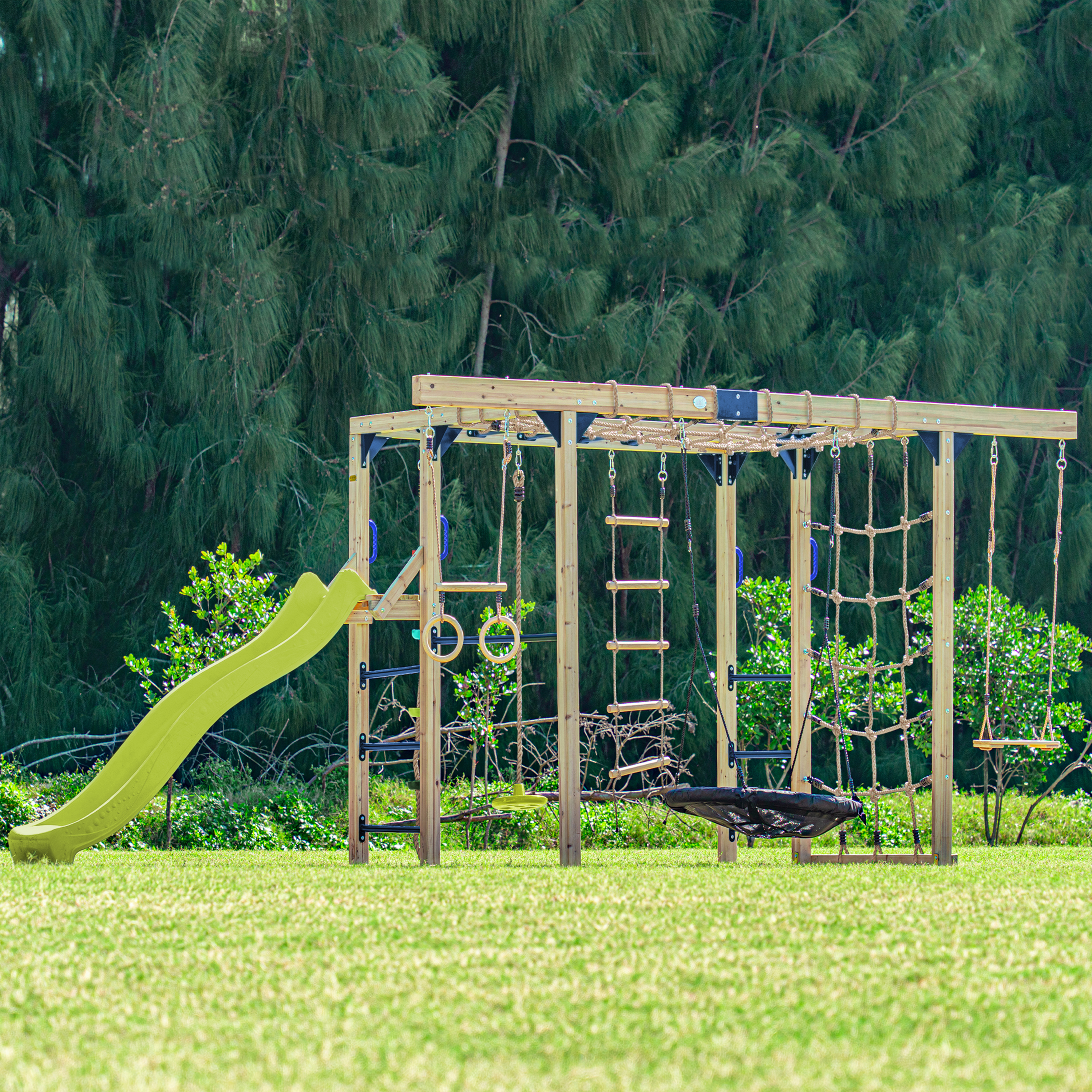 AXI Boris Wooden Playcentre with Swings. Trapeze. Climbing Nets and Monkey Bars – Lime Green Slide