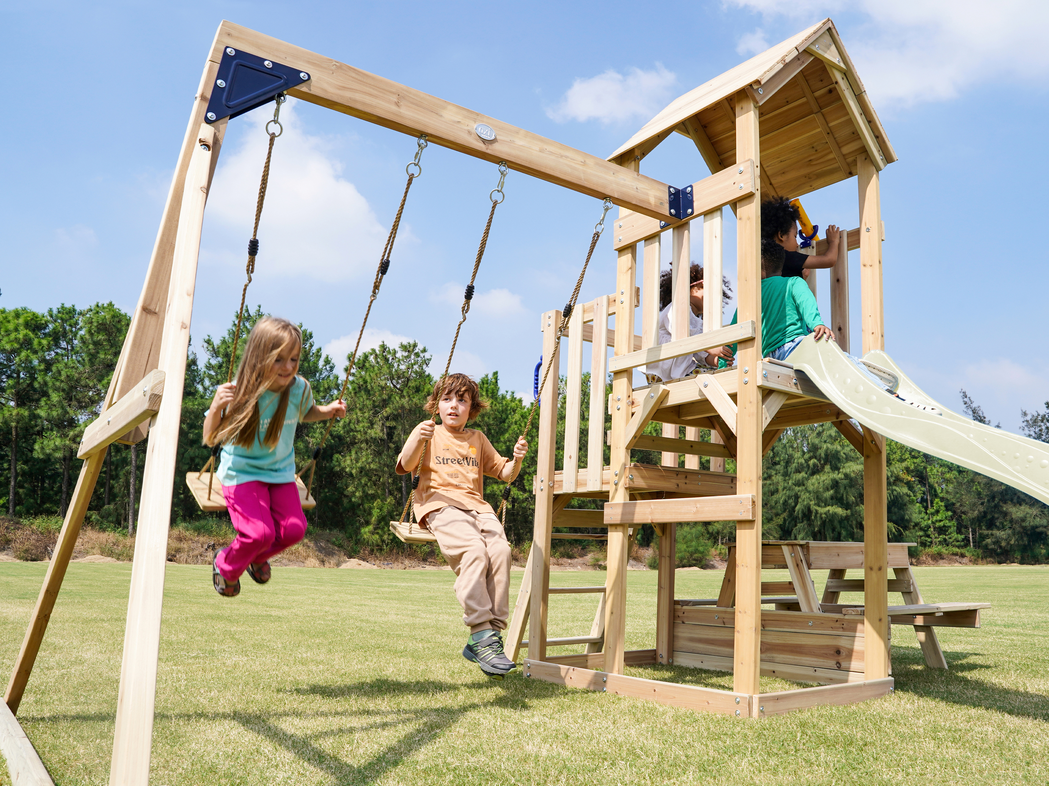 AXI Mette Climbing Frame with Double Swing Set and Picnic Table - Cream Slide
