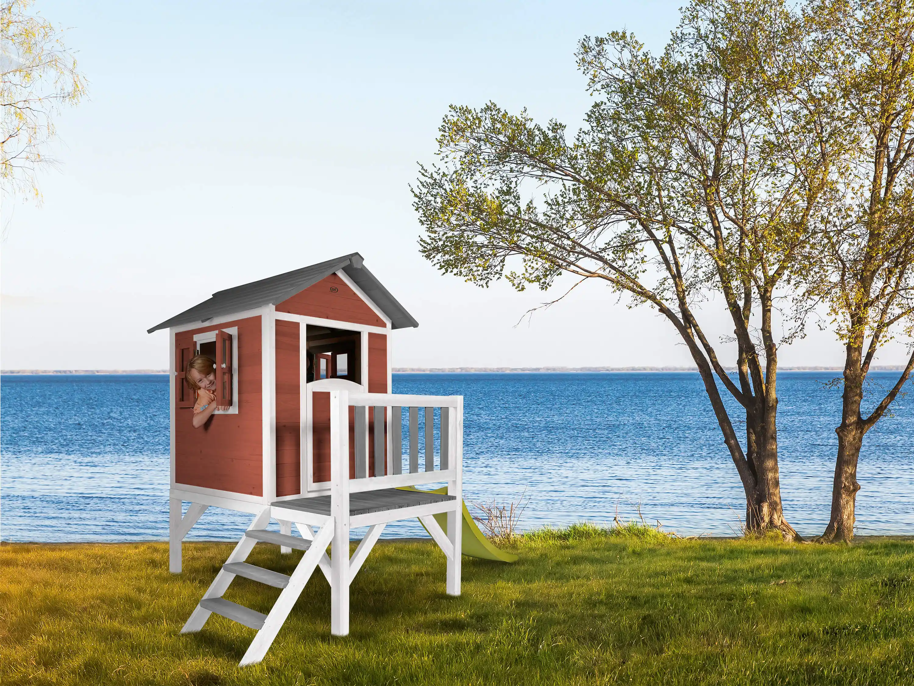 AXI Lodge XL Speelhuis Scandinavisch Rood - Limoen groene Glijbaan