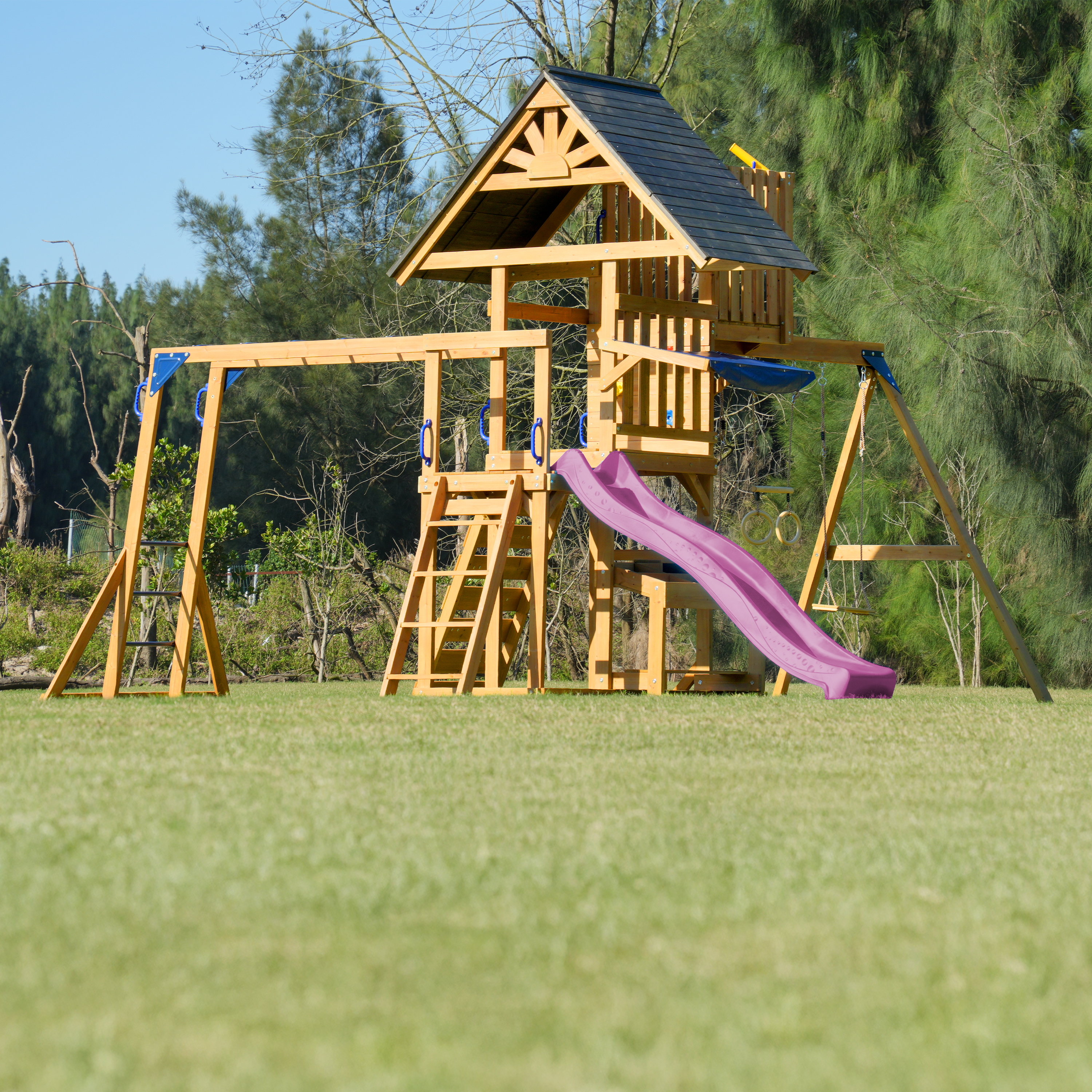 AXI Mitch Climbing Frame with Double Swing, Trapeze and Lookout Tower – Purple Slide