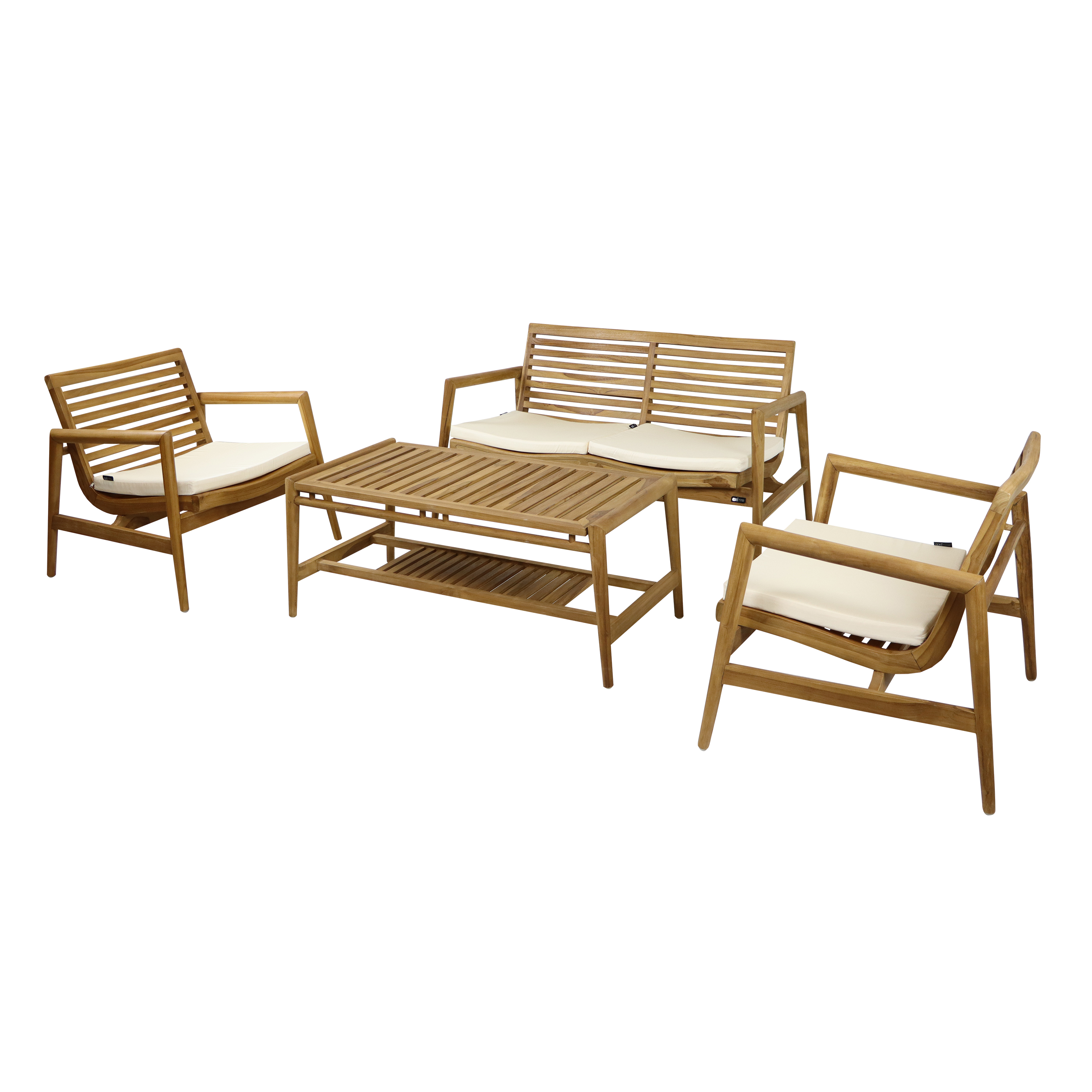 AXI June Loungesæt 4-delt med bænk, bord og 2 stole - Teak/Creme