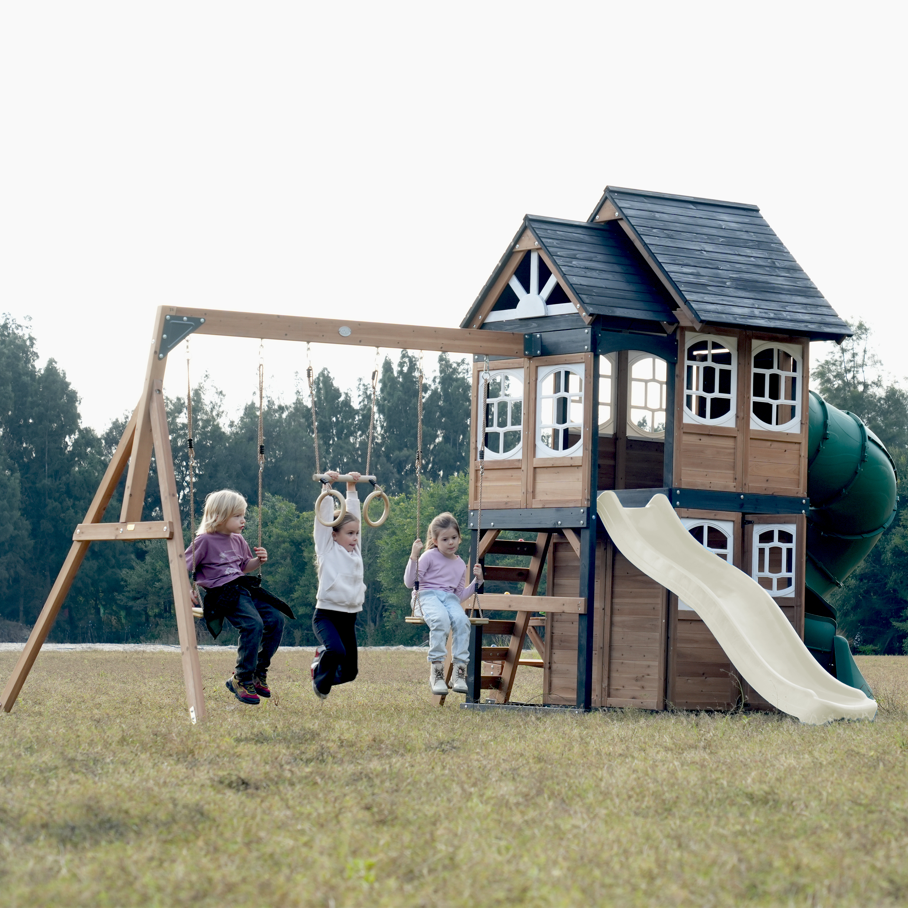 AXI Noud Climbing Frame with Playhouse, Swings, Trapeze and Climbing Wall – Cream Slide and Tube Slide