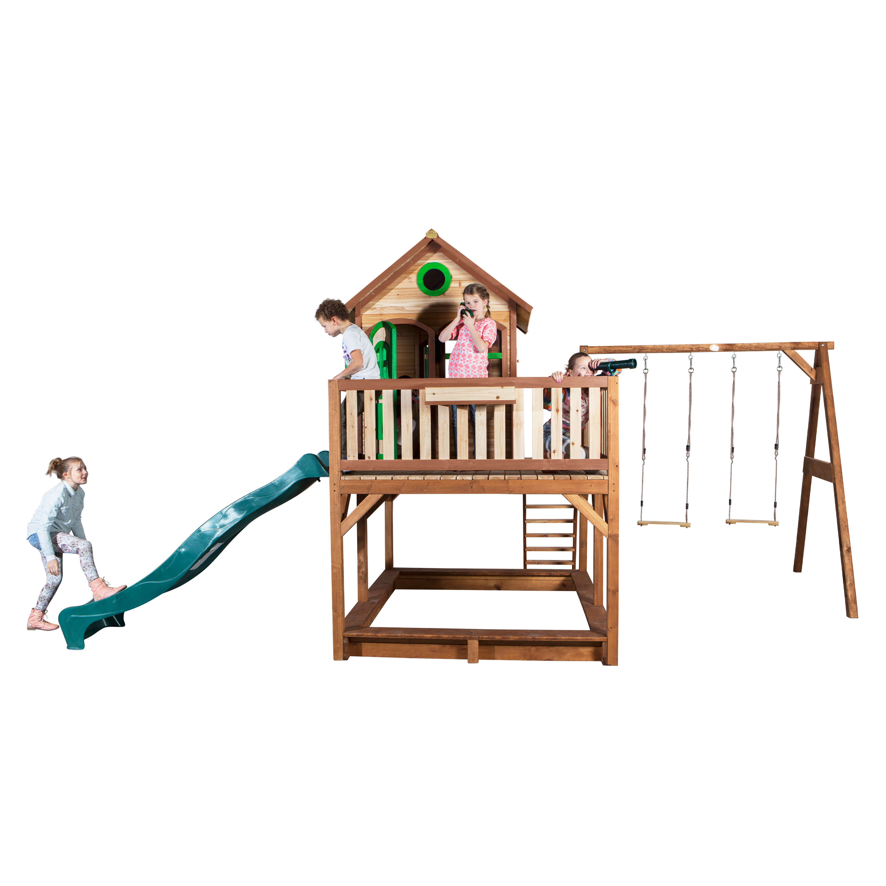 AXI Liam Playhouse with Double Swing Set Brown/Green - Green Slide