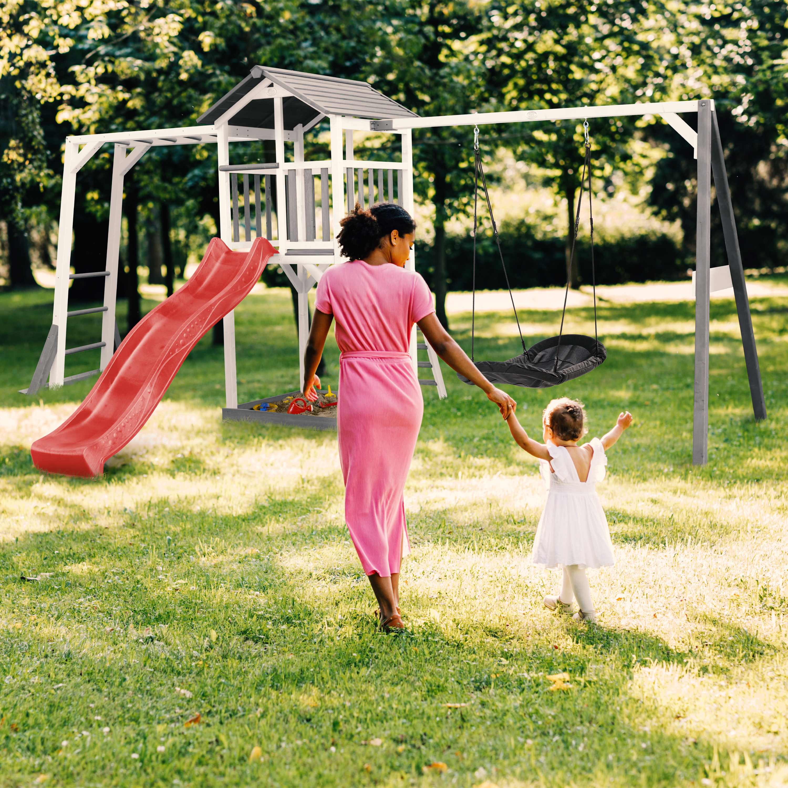 AXI Beach Tower with Climbing Frame and Roxy Nest Swing Set Grey/White - Red Slide