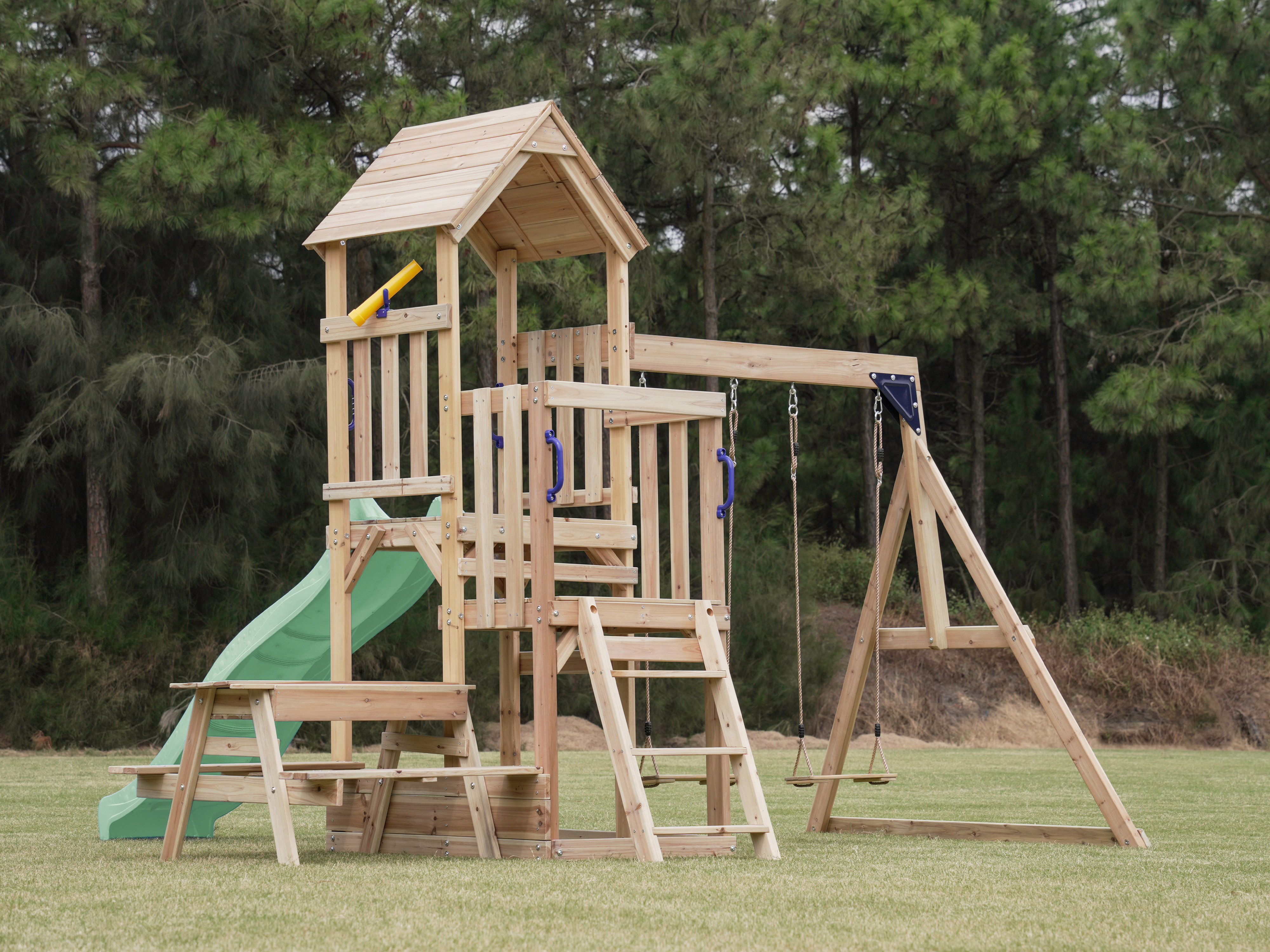 AXI Mette Climbing Frame with Double Swing Set and Picnic Table - Pastel Green Slide