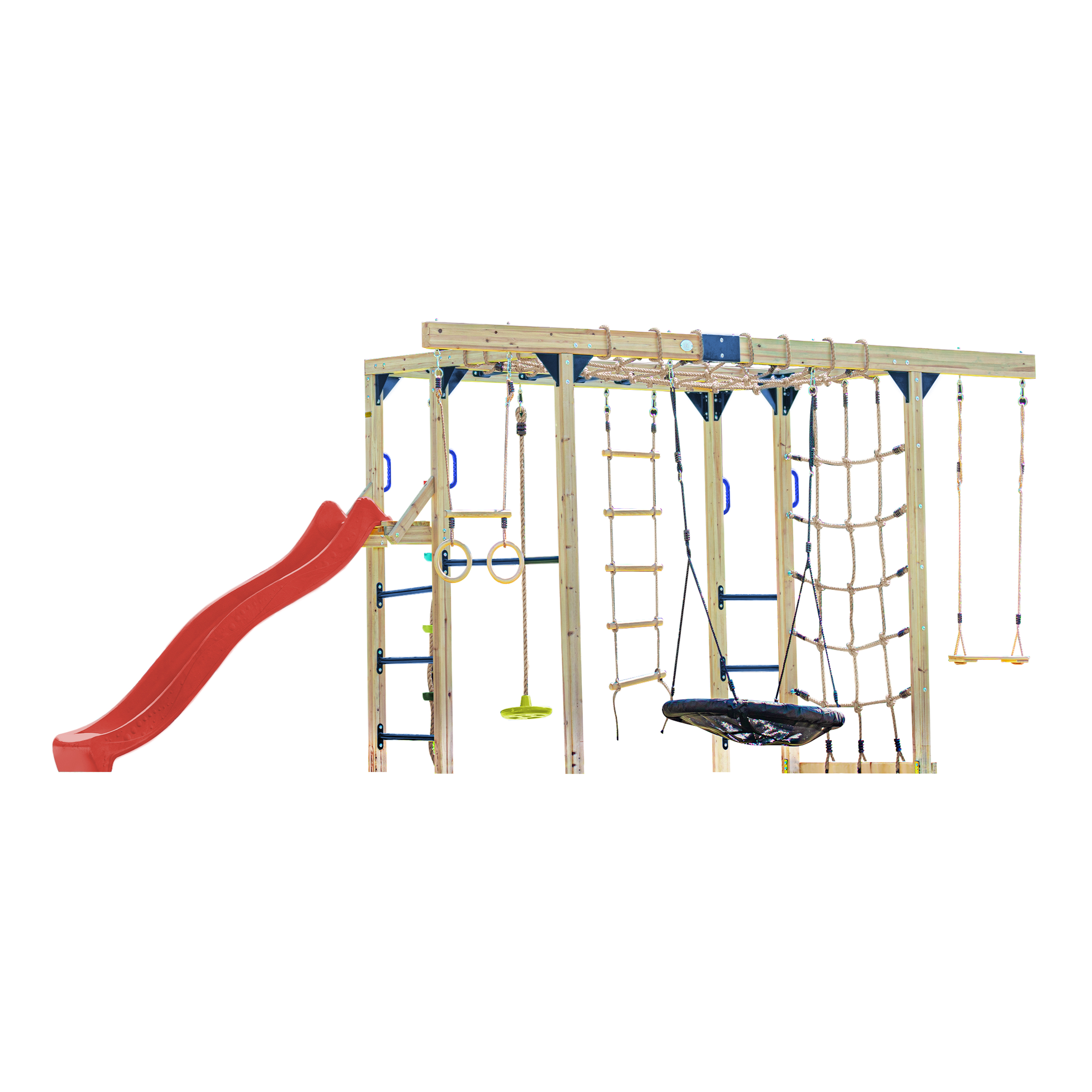 AXI Boris Wooden Playcentre with Swings. Trapeze. Climbing Nets and Monkey Bars – Red Slide