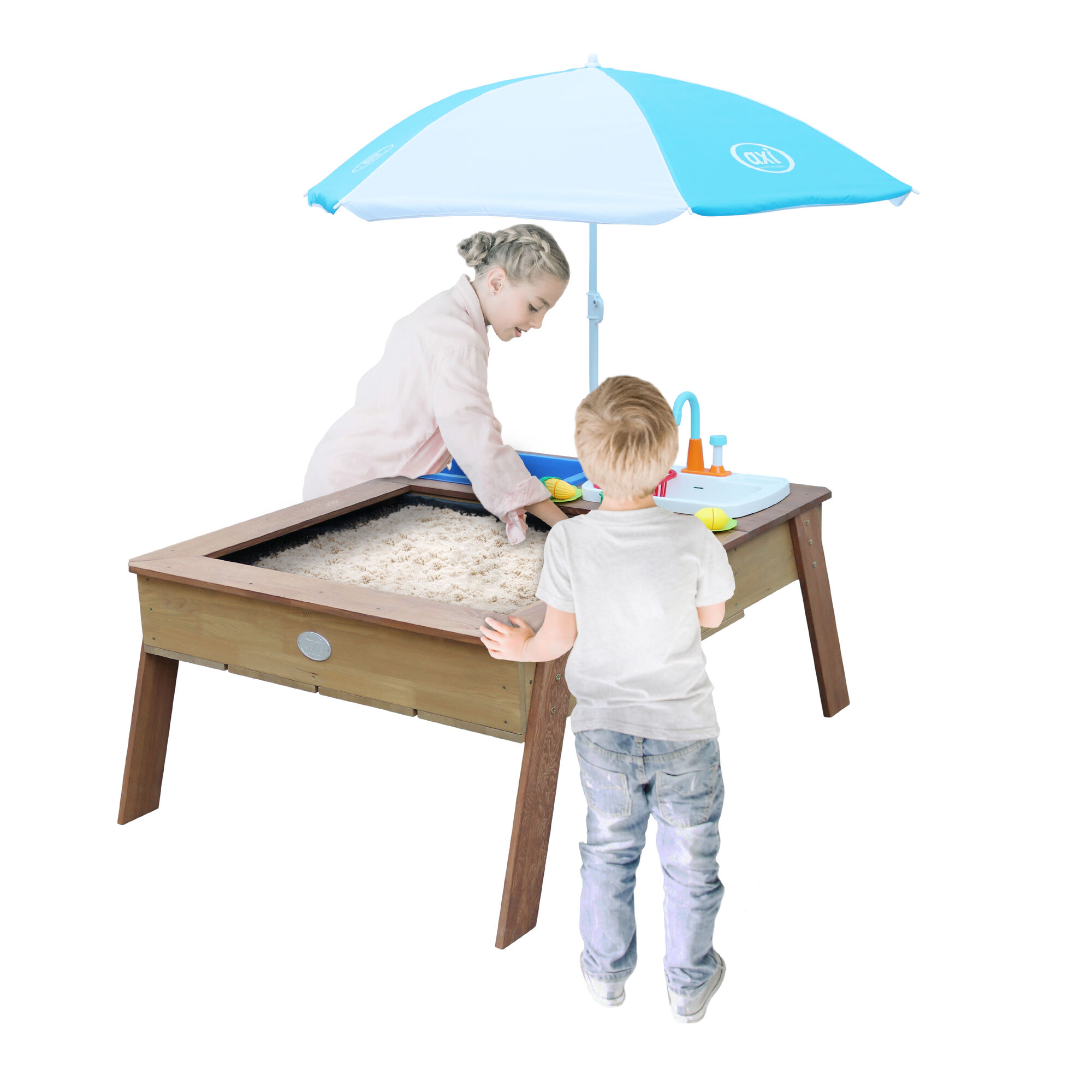 AXI Linda Zand & Water Tafel met Speelkeuken wastafel Bruin - Parasol Blauw/wit