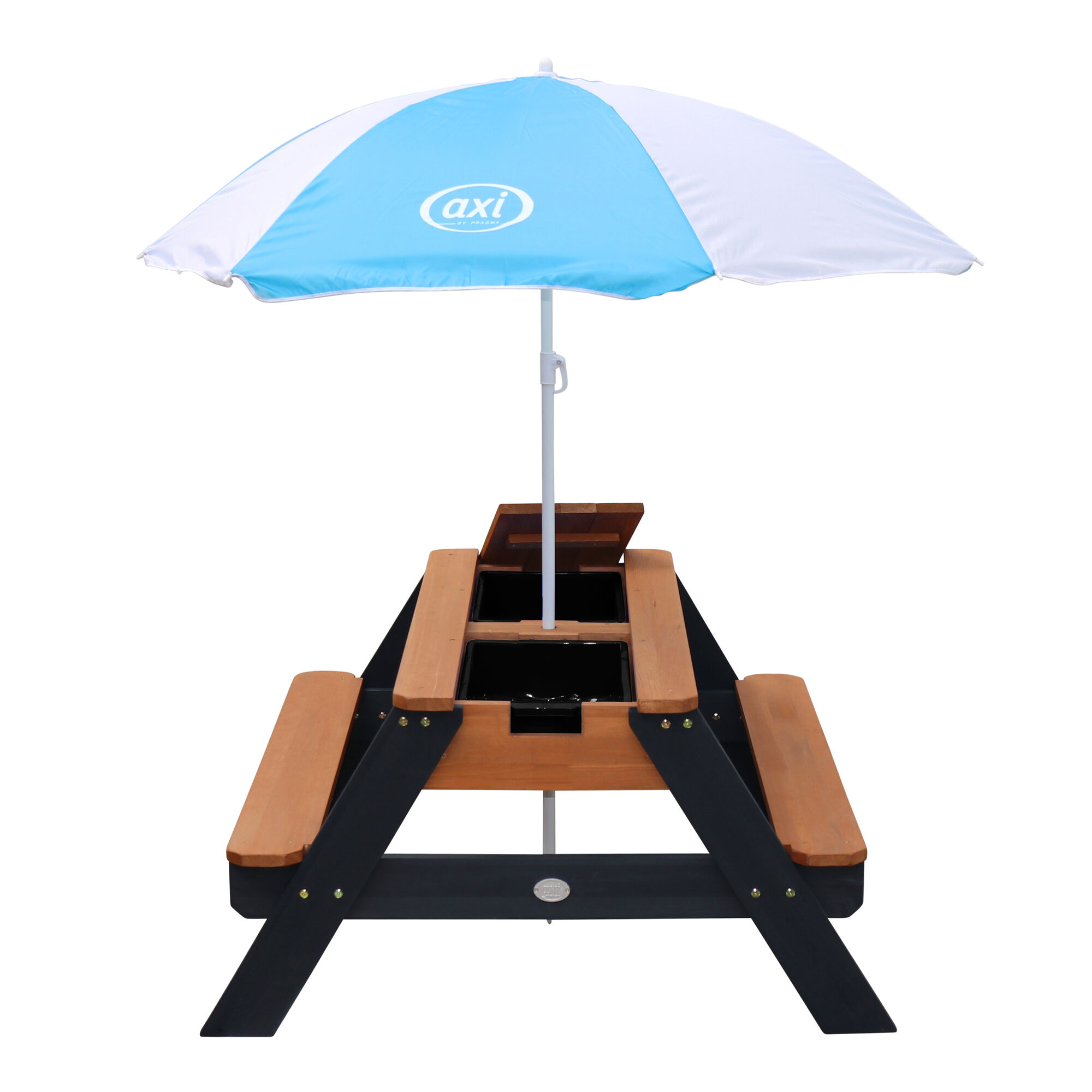 AXI Nick Zand & Water Picknicktafel Antraciet/bruin - Parasol Blauw/wit