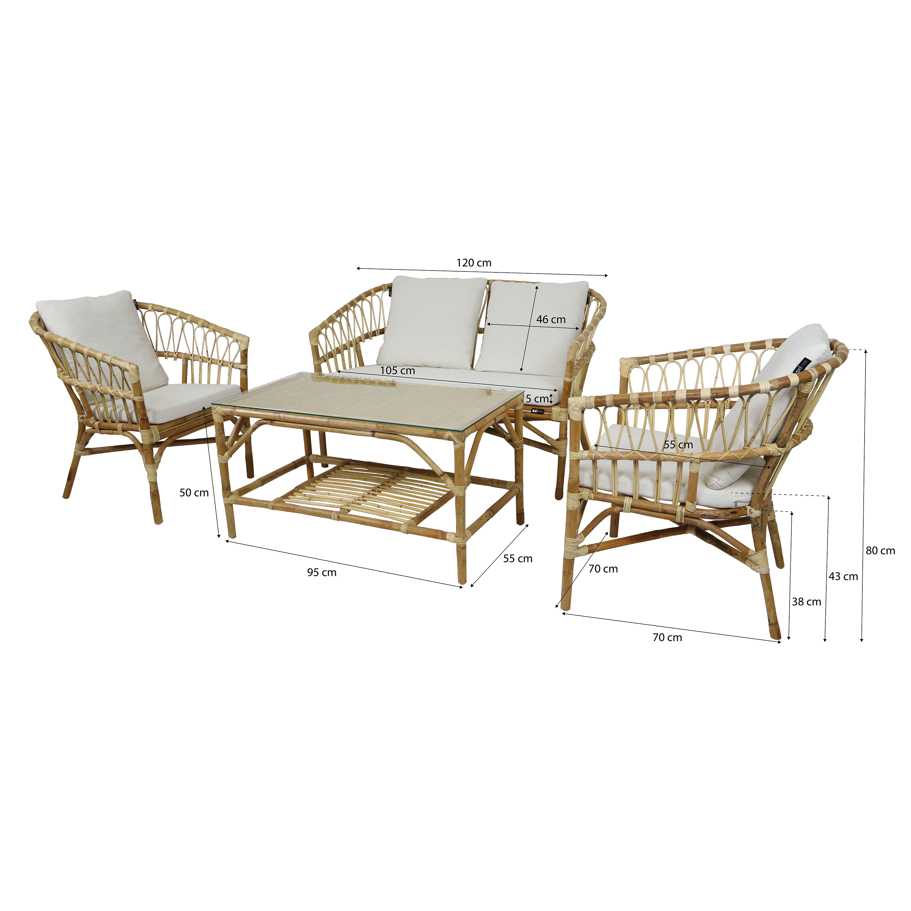 AXI Mary Rattan Lounge Set – 4-Piece with Sofa, Table, and 2 Chairs Natural/White