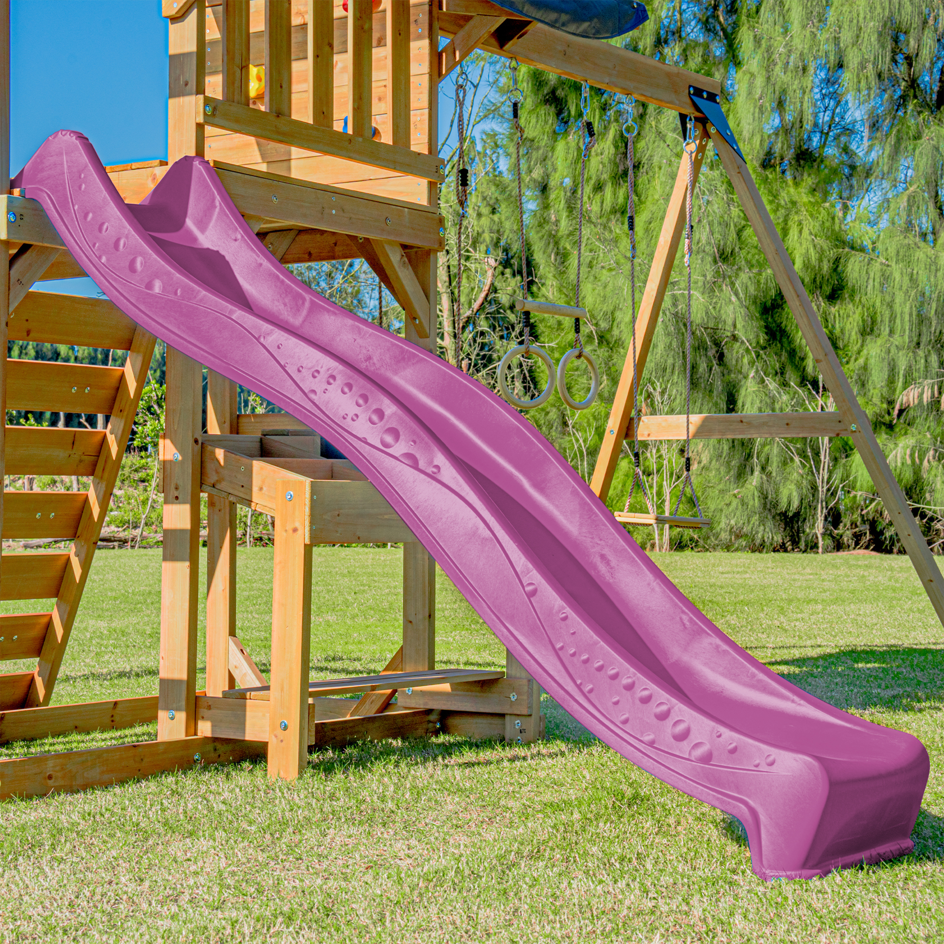 AXI Mitch Climbing Frame with Double Swing, Trapeze and Lookout Tower – Purple Slide