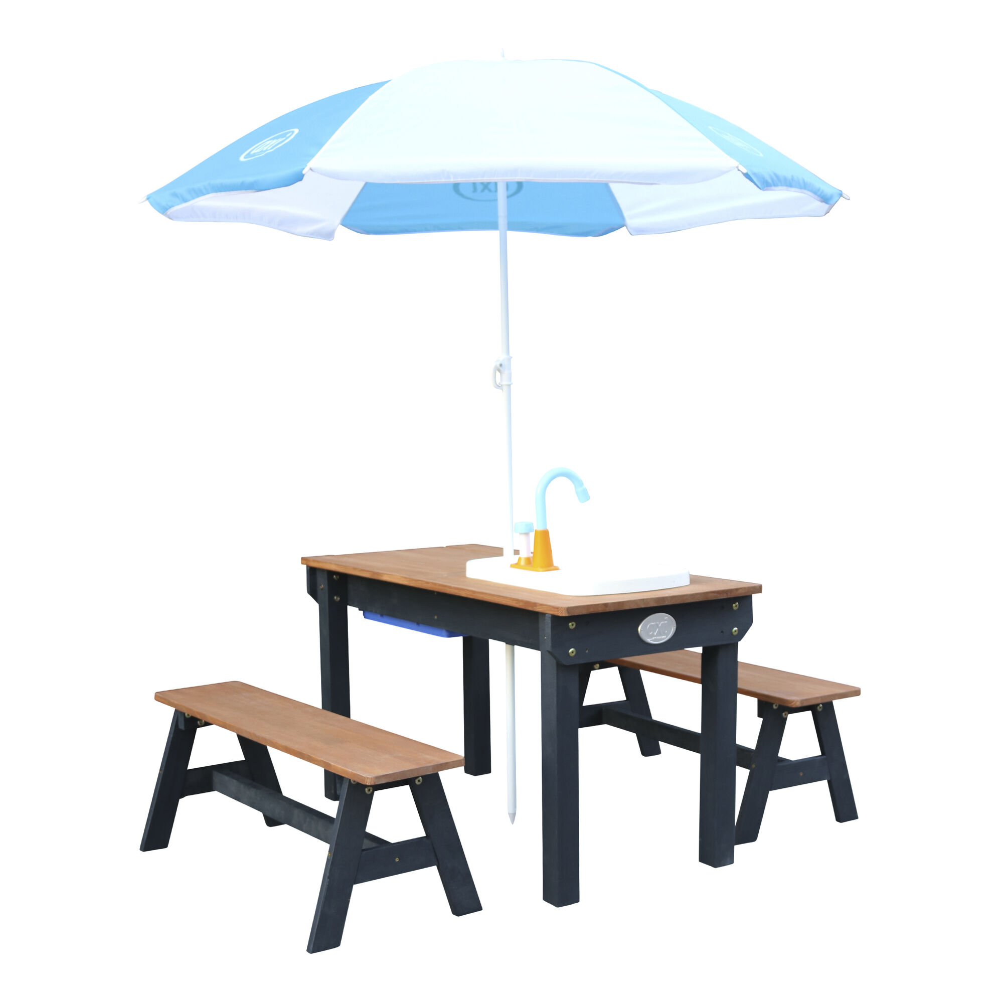 AXI Dennis Zand & Water Picknicktafel met Speelkeuken wastafel en losse bankjes Antraciet/bruin - Parasol Blauw/wit