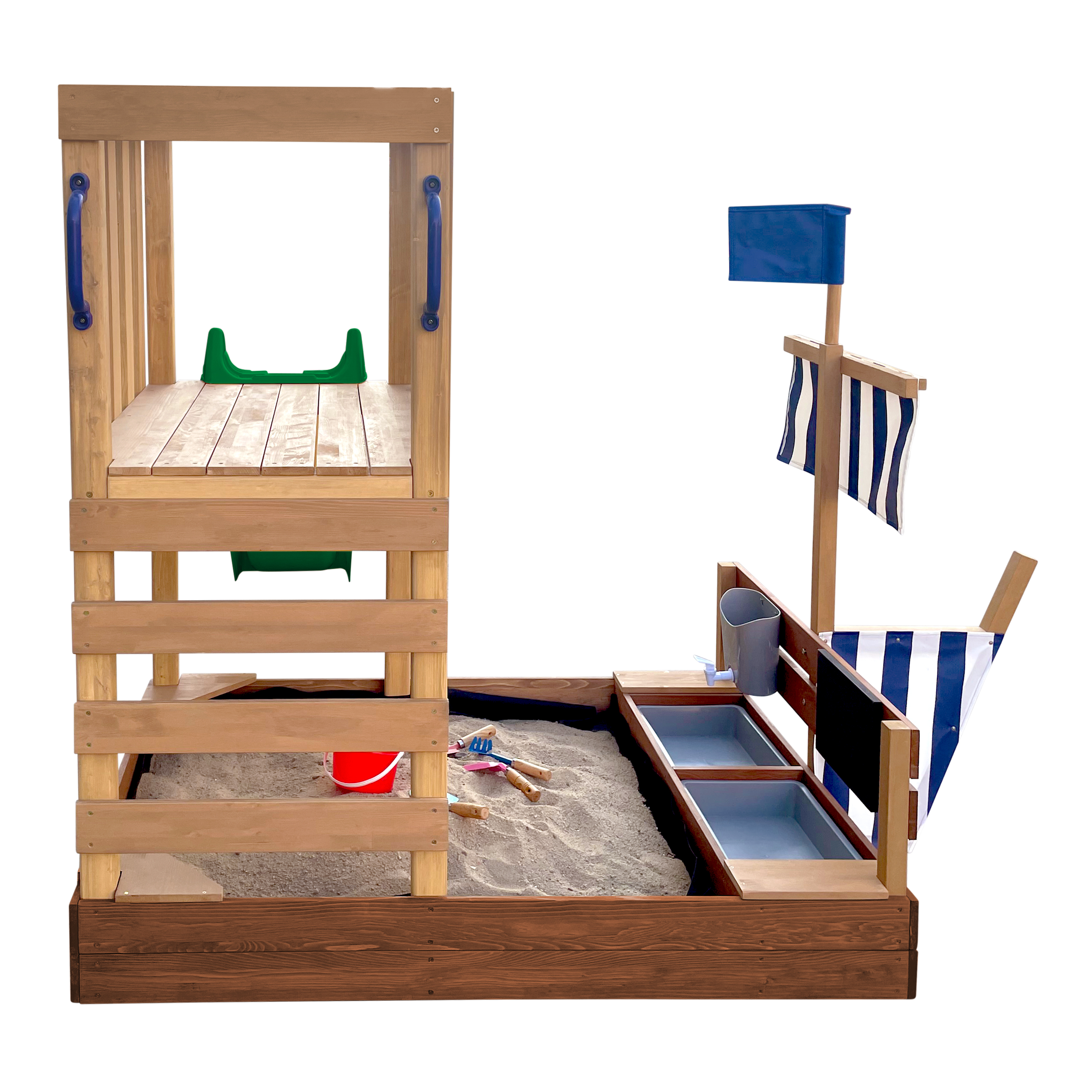 AXI Vicky Climbing Frame with Sandbox. Play Kitchen & Chalkboard – Green Slide