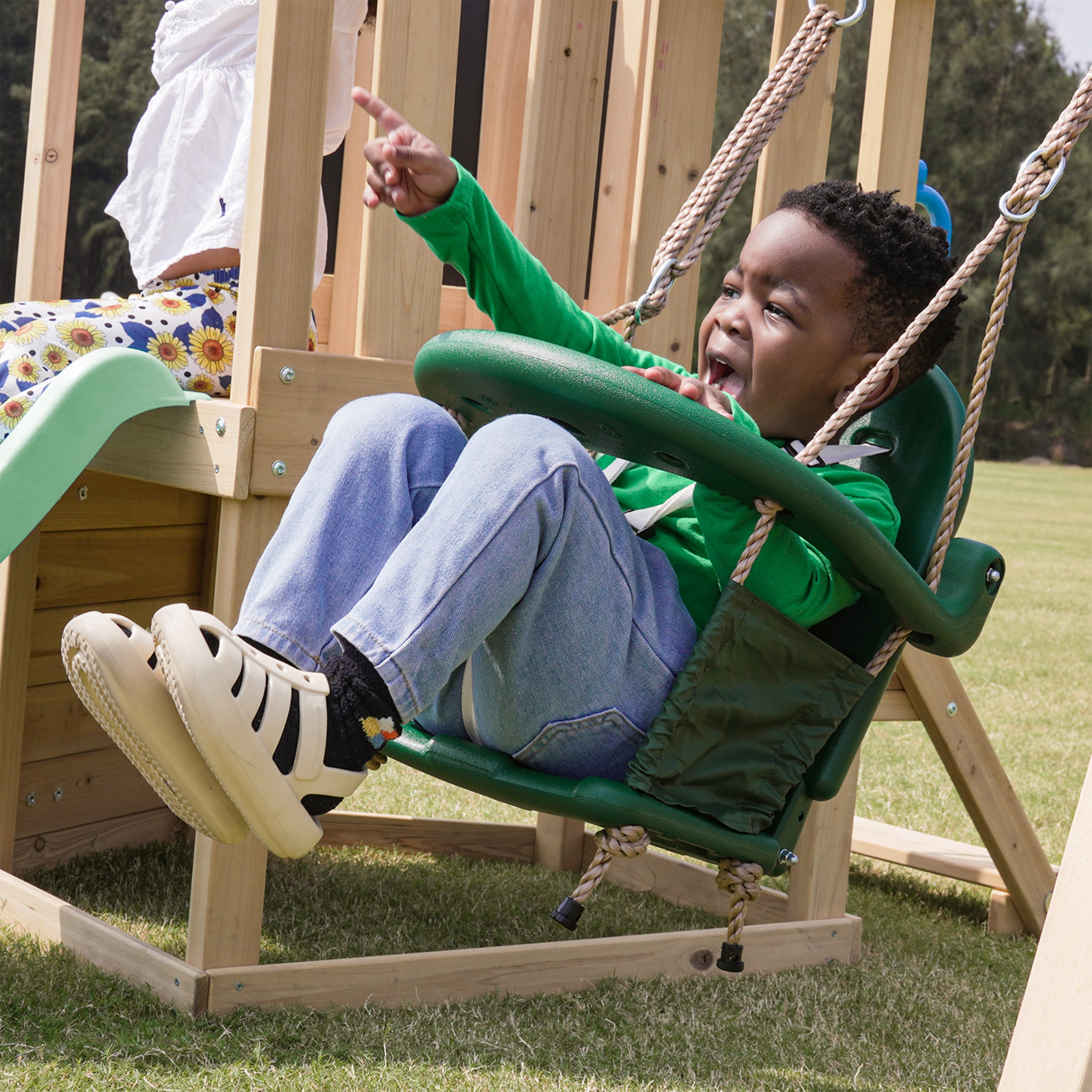 AXI Timo Mini Climbing Frame with Baby Swing, Climbing Wall and Chalkboard – Pastel Green Slide