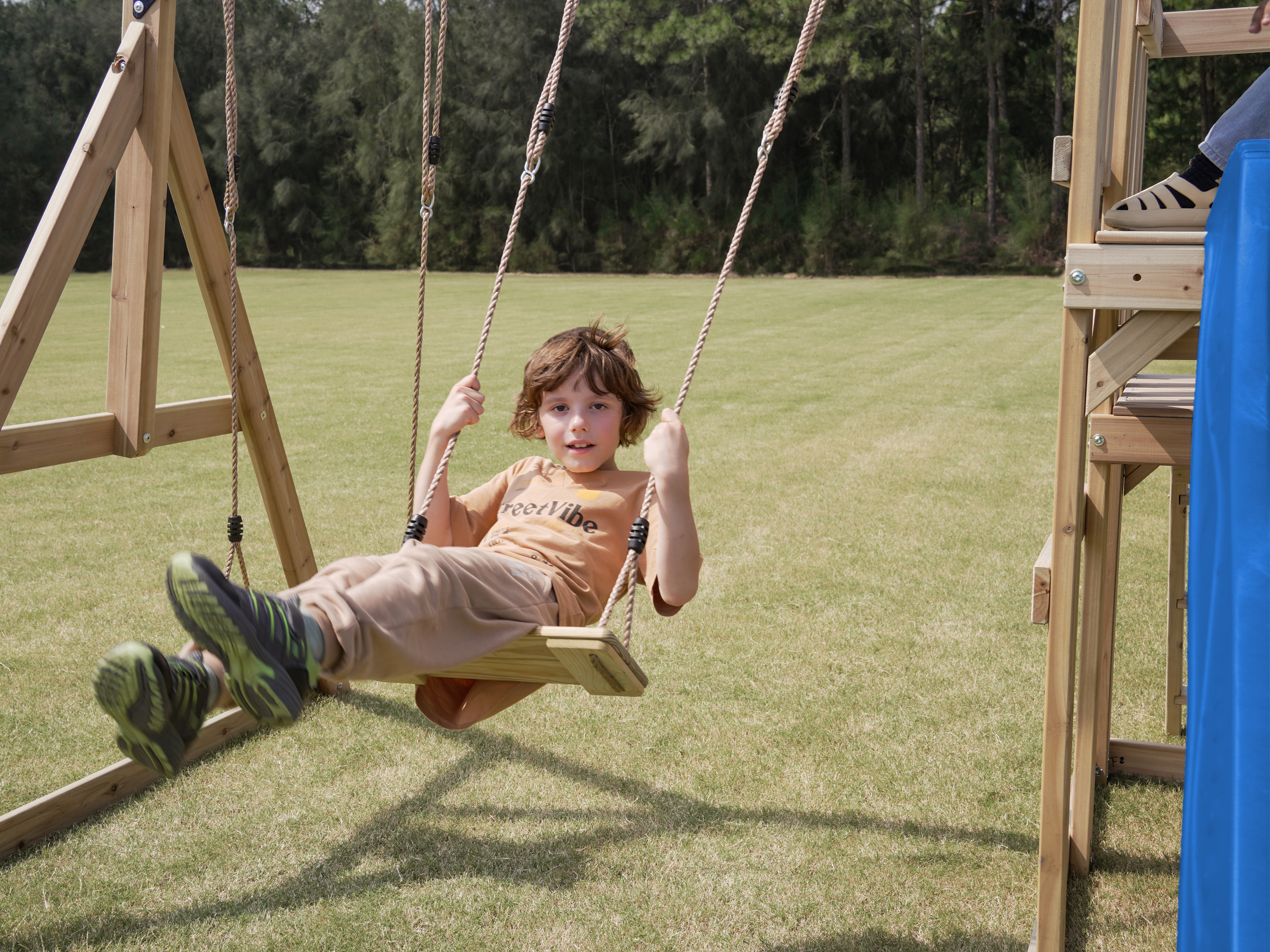 AXI Mette Climbing Frame with Double Swing Set and Picnic Table - Blue Slide