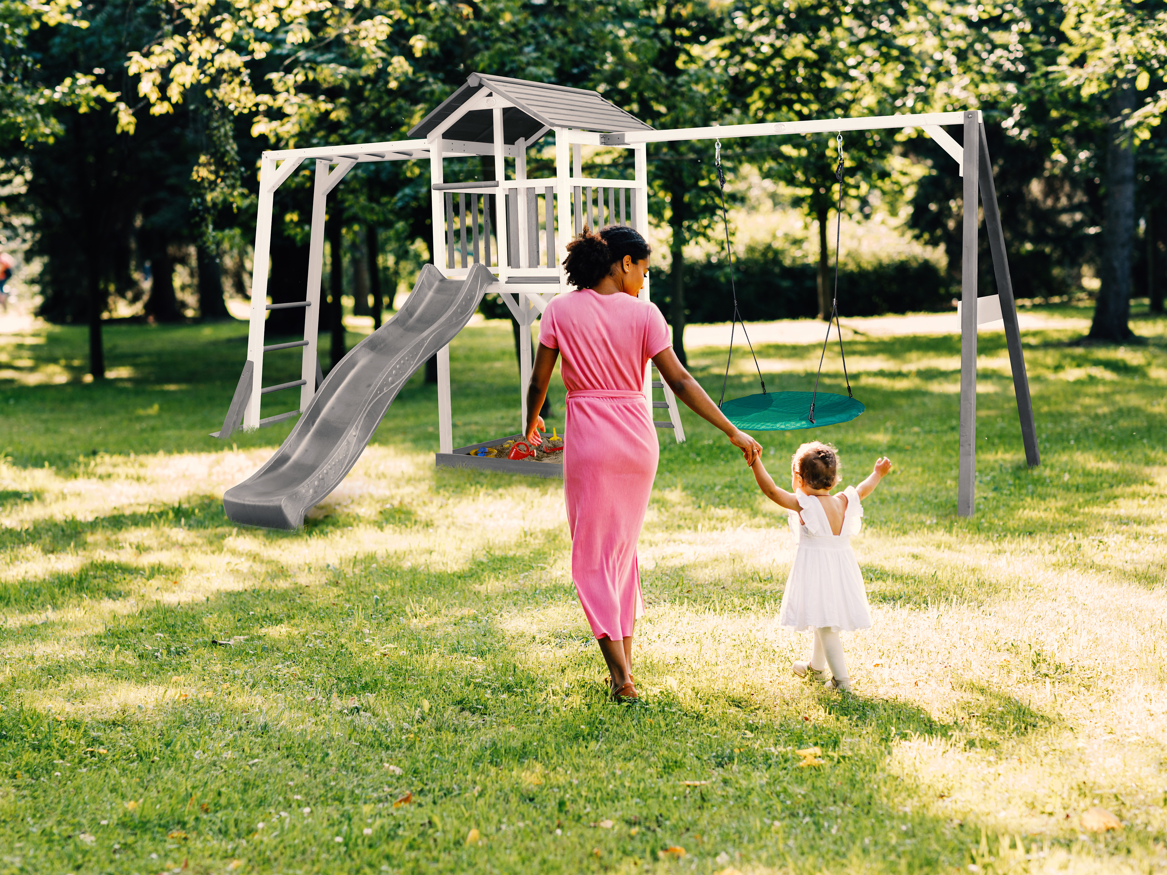 AXI Beach Tower Legetårn med Klatrestativ og Summer Rede Gynge Grå/Hvid - Grå Rutsjebane