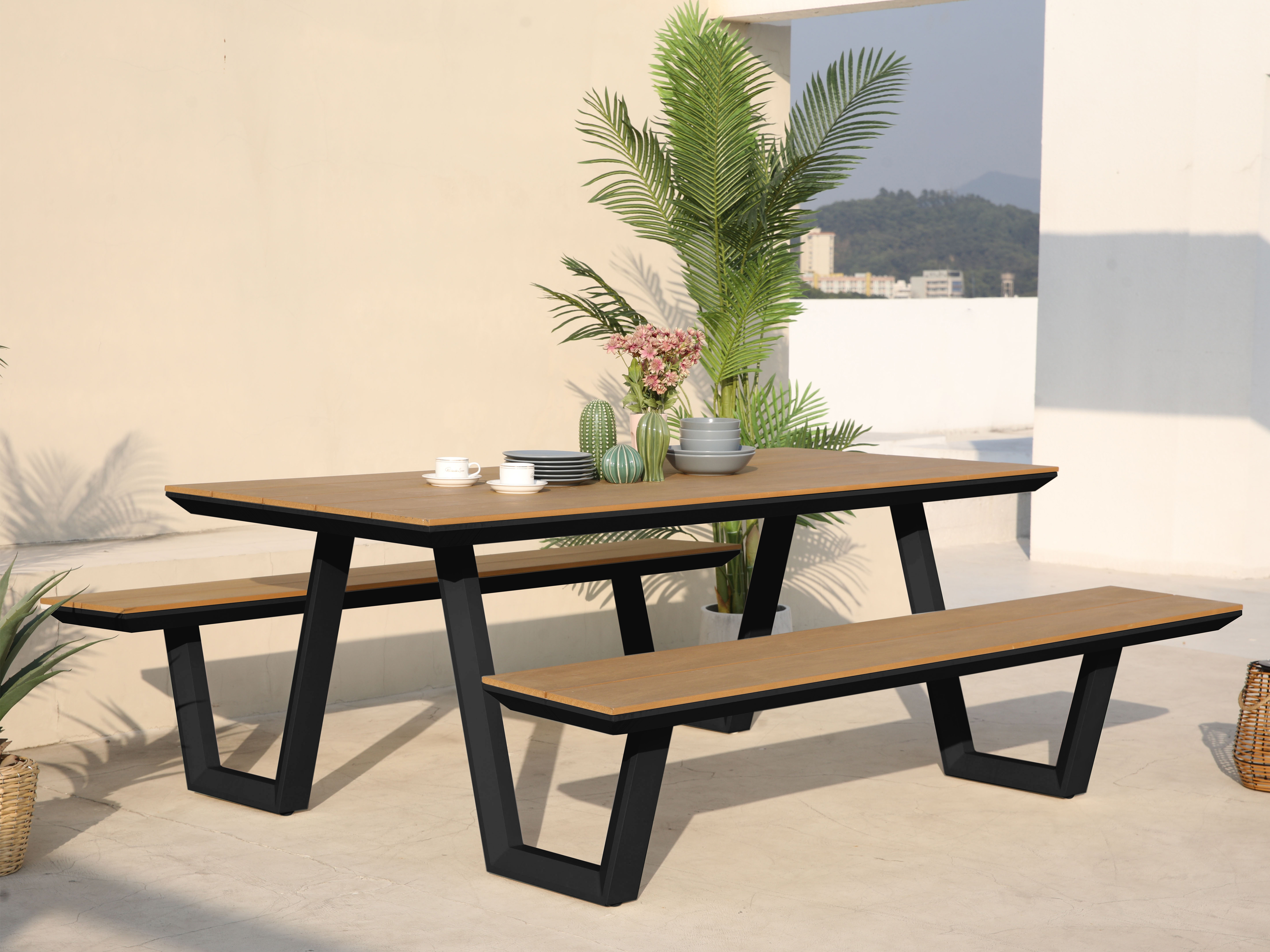 AXI Nori Picnic Table with 2 Benches Anthracite/Teak-look Polywood