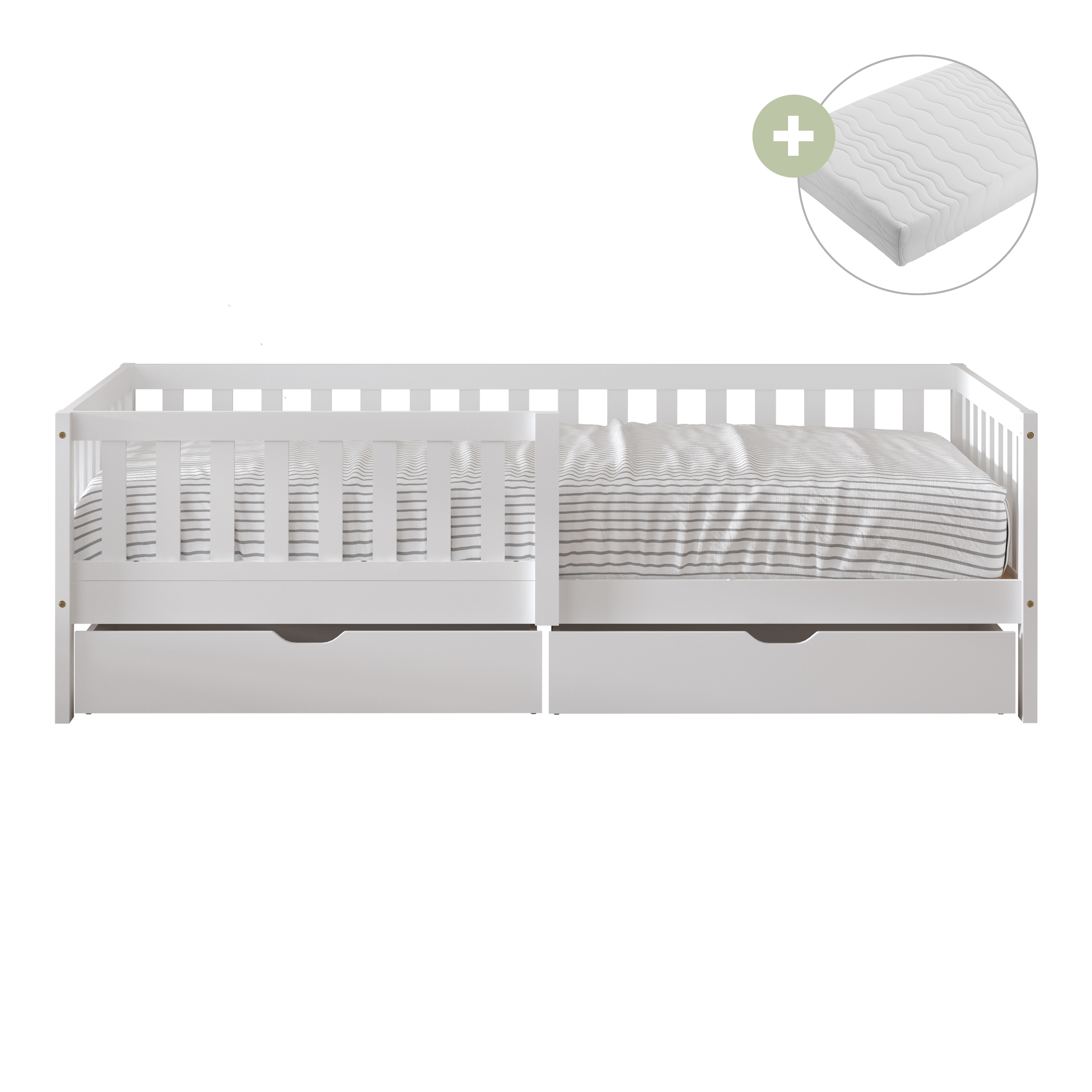 Sunny Isa Kids Bed with 2 Storage Drawers and Guardrail White – With Mattress-8720365069291 Sunny Isa Kids Bed with 2 Storage Drawers and Guardrail White – With Mattress