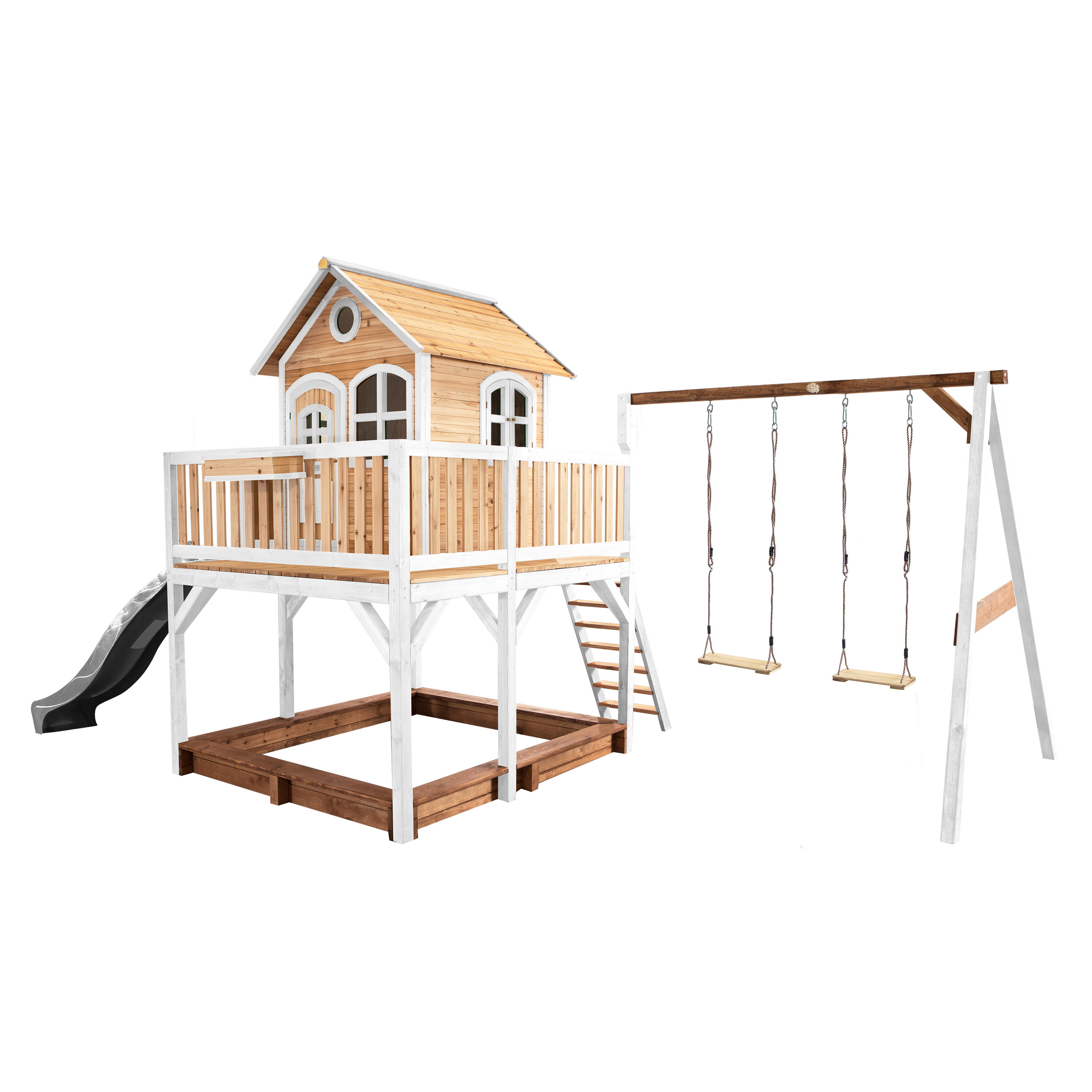 AXI Liam Playhouse with Double Swing Set Brown/White - Grey Slide