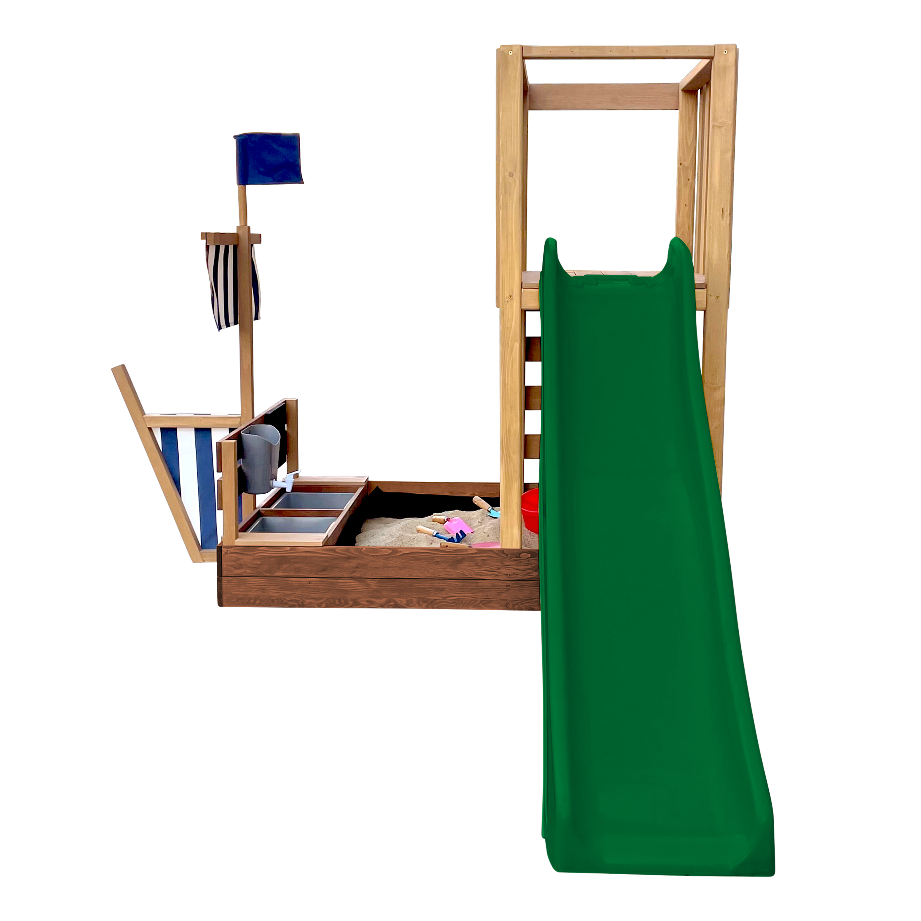AXI Vicky Climbing Frame with Sandbox. Play Kitchen & Chalkboard – Green Slide