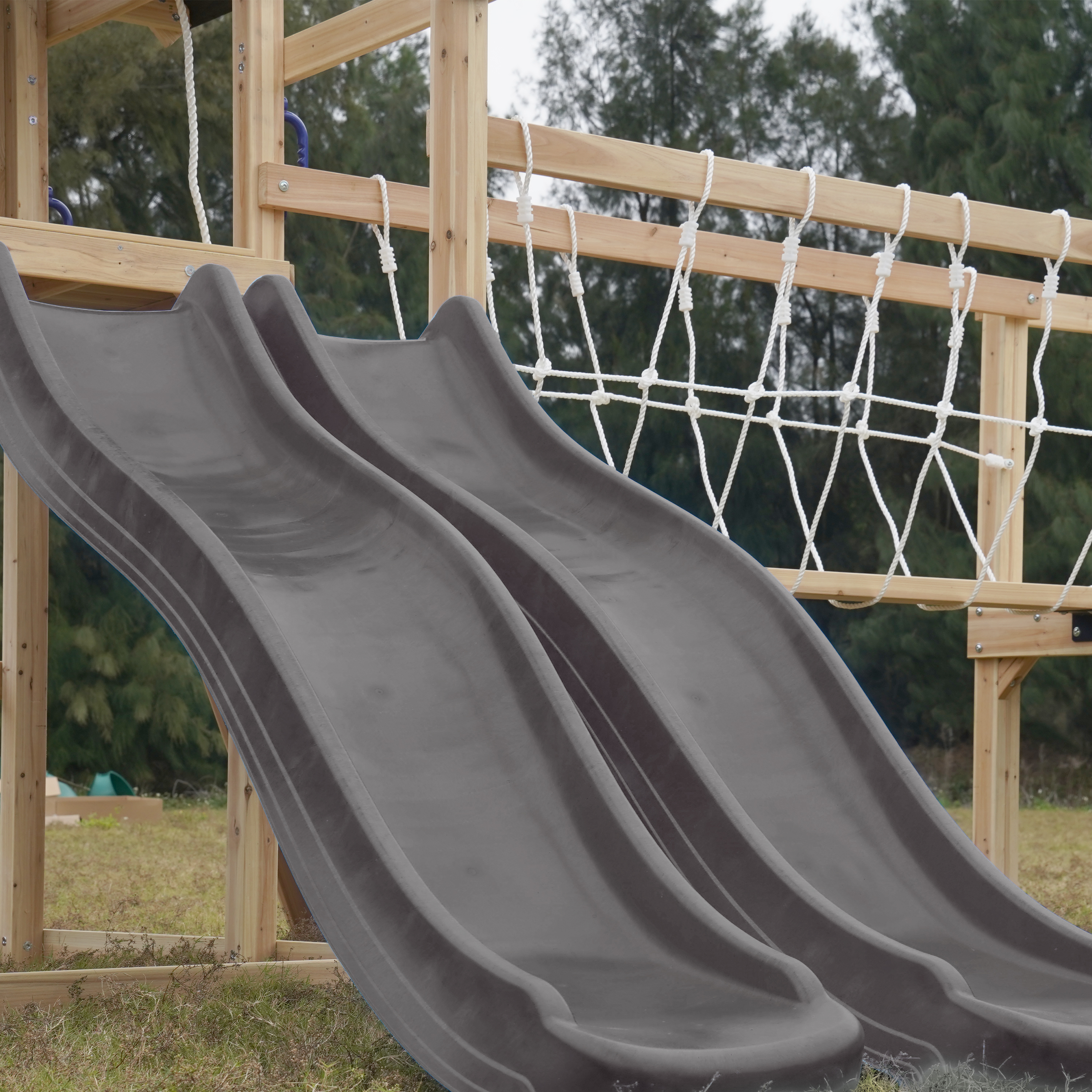 AXI Hunter Climbing Frame with Swings, Climbing Frame, Climbing Bridge and Multiple Platforms – Grey Double Slide