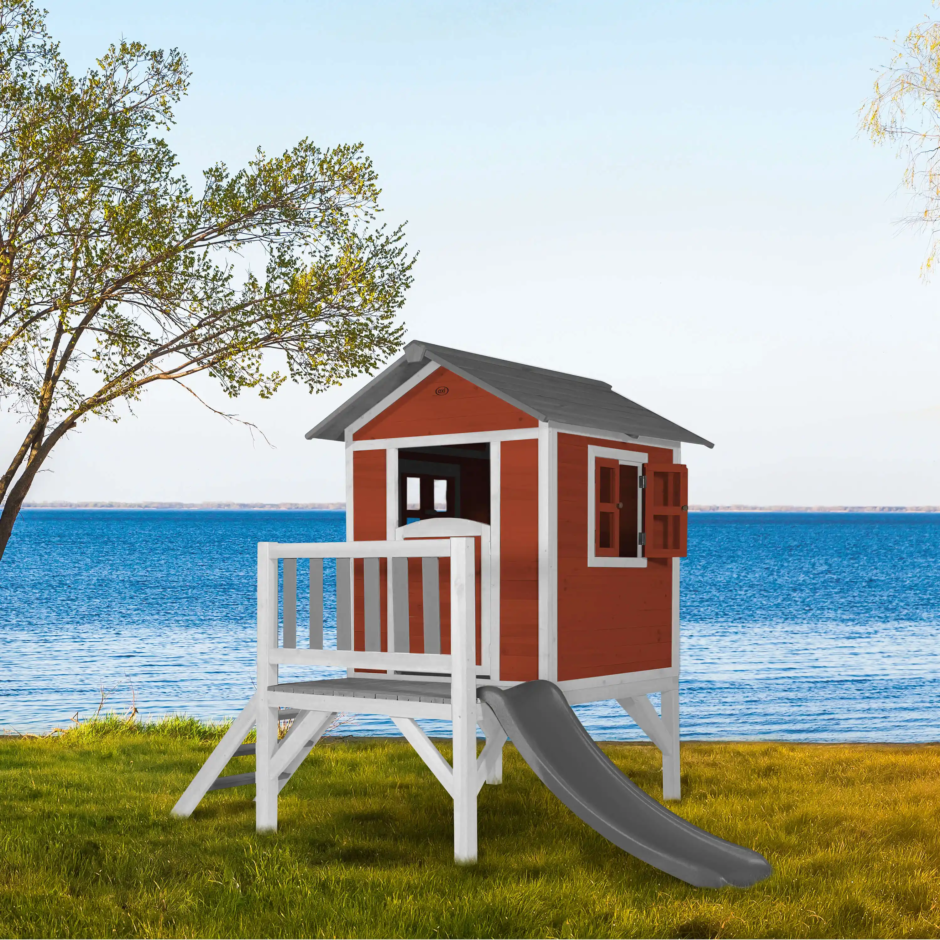 AXI Lodge XL Speelhuis Scandinavisch Rood - Grijze Glijbaan
