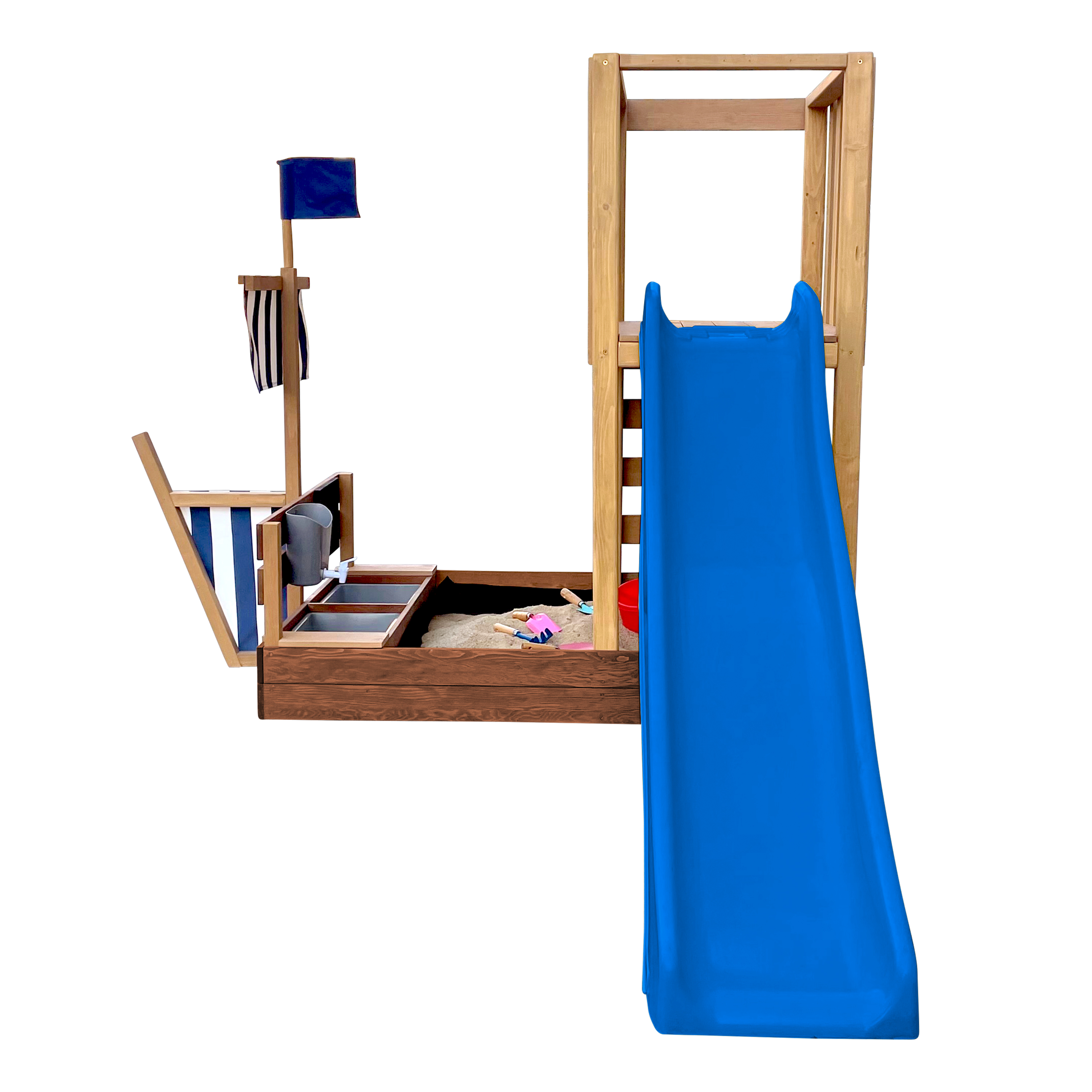 AXI Vicky Climbing Frame with Sandbox. Play Kitchen & Chalkboard – Blue Slide