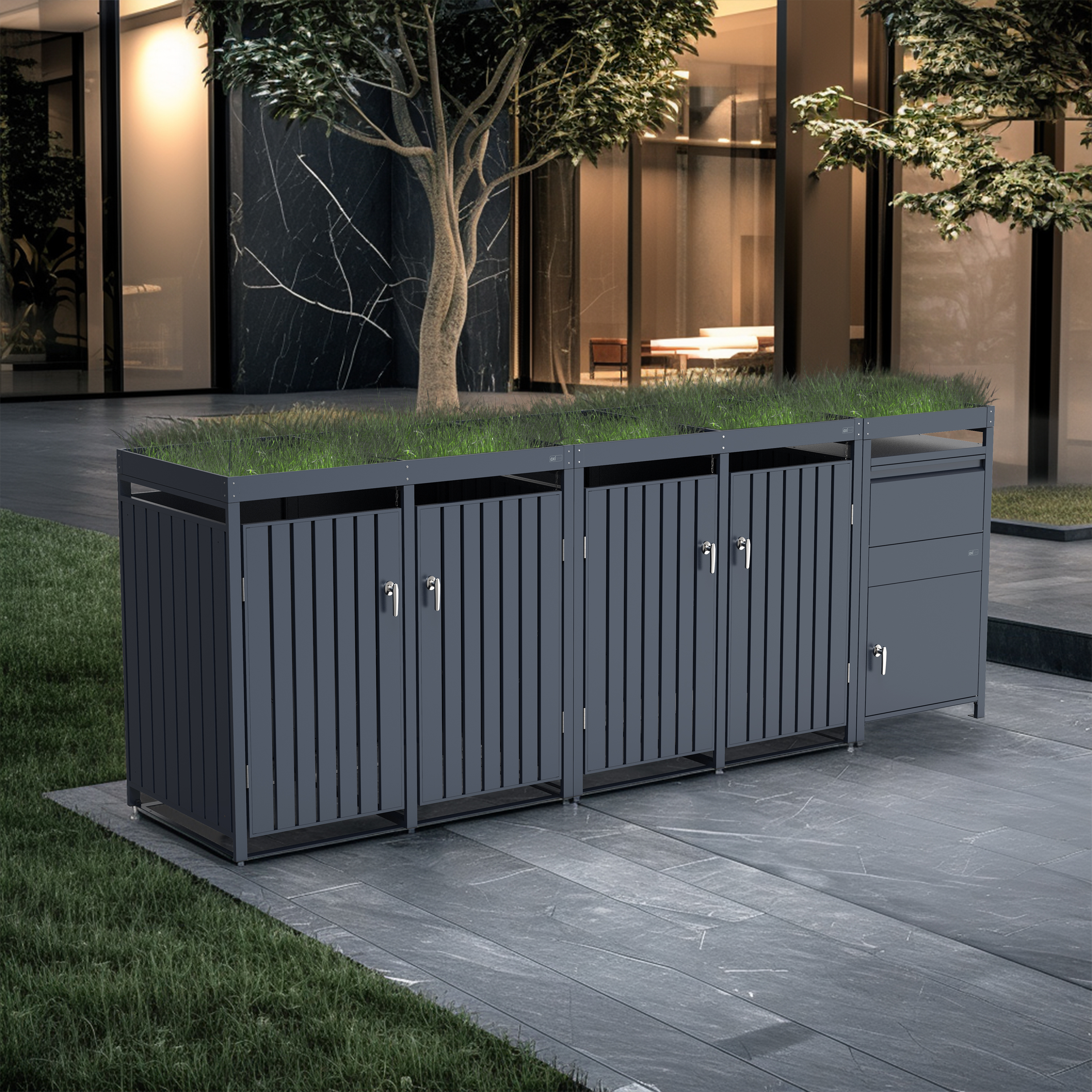 AXI Leon Bin Storage with Louis Parcel Postbox Anthracite – 4 Garbage Bins