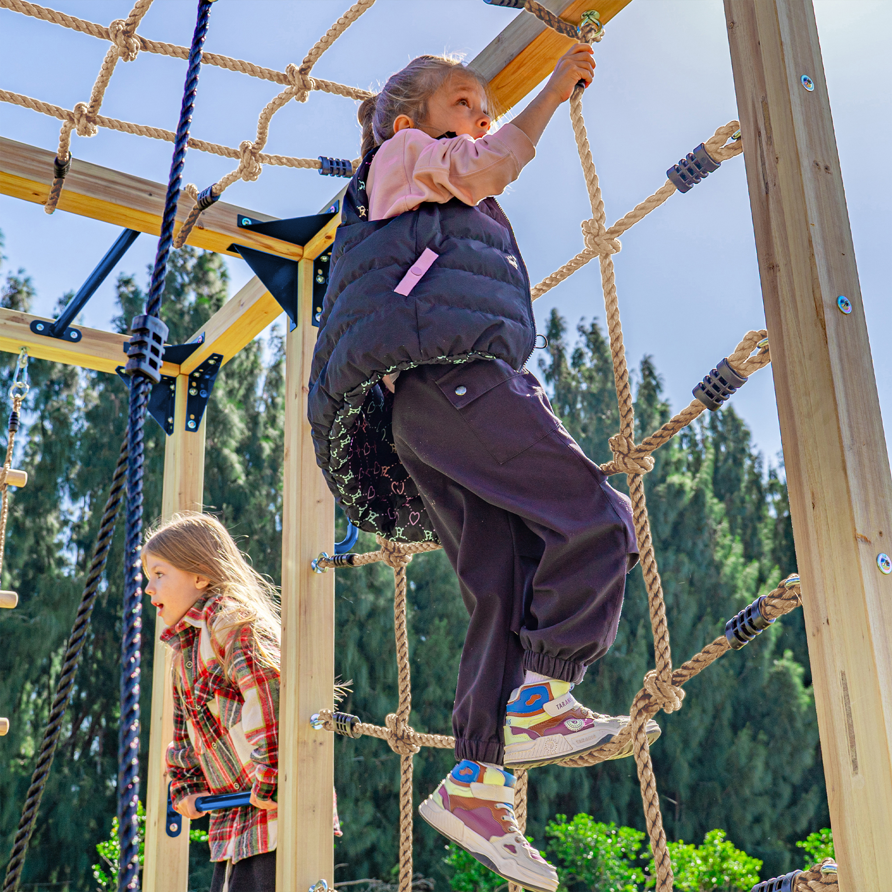 AXI Boris Wooden Playcentre with Swings. Trapeze. Climbing Nets and Monkey Bars – Blue Slide