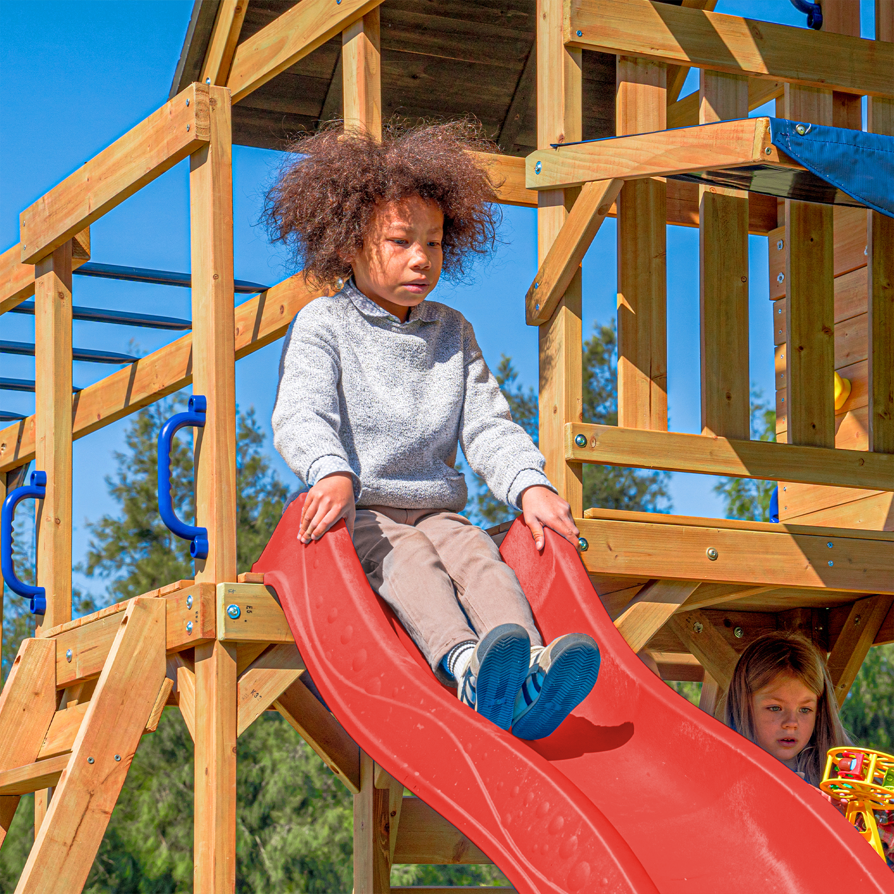 AXI Mitch Climbing Frame with Double Swing. Trapeze and Lookout Tower – Red Slide