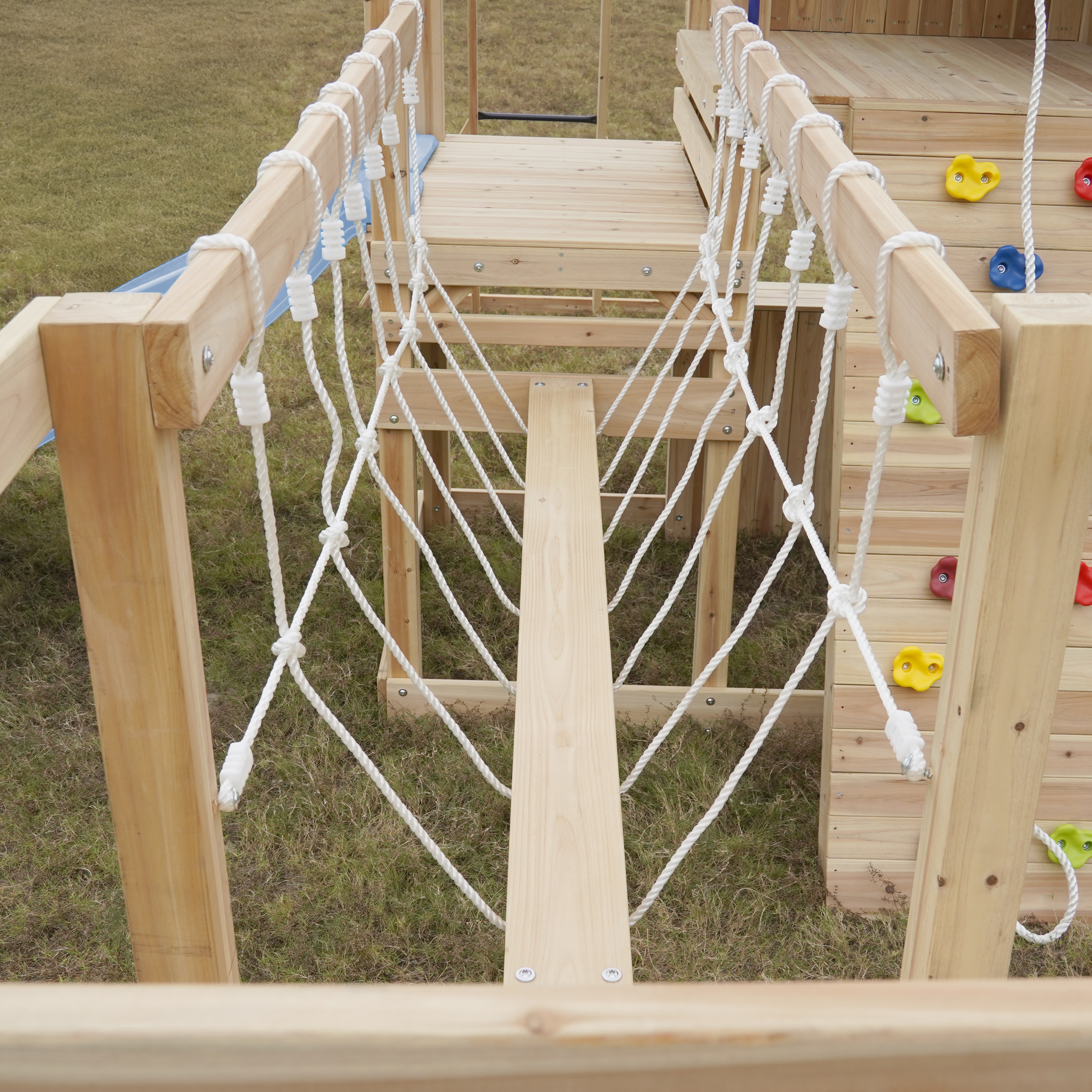 AXI Hunter Climbing Frame with Swings, Climbing Frame, Climbing Bridge and Multiple Platforms – Pastel Blue Double Slide