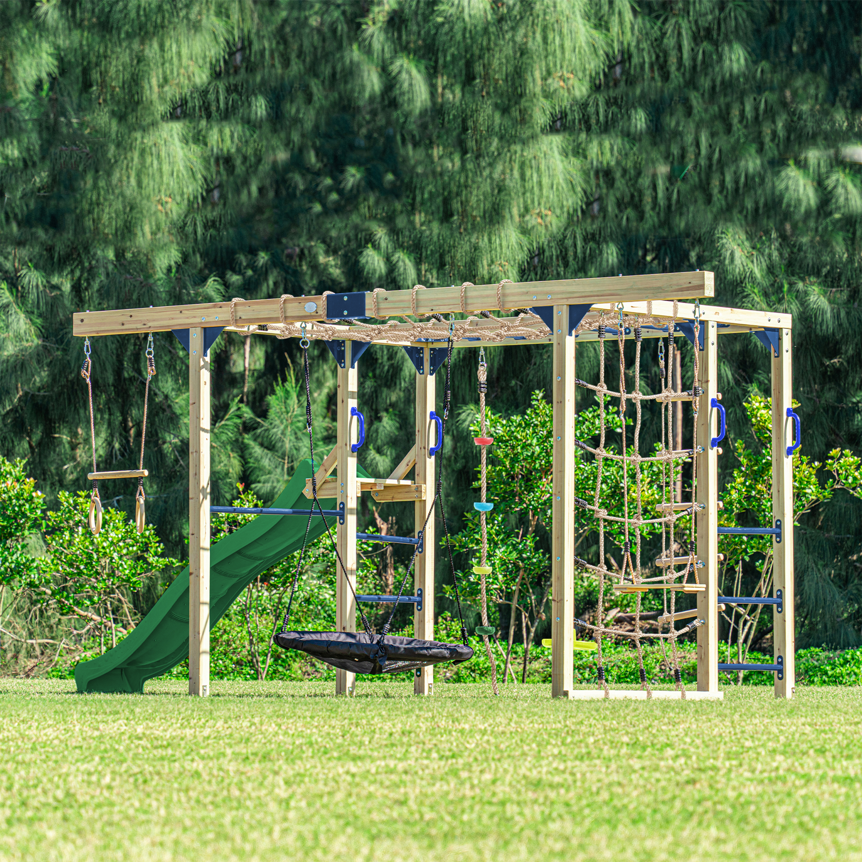 AXI Boris Wooden Playcentre with Swings. Trapeze. Climbing Nets and Monkey Bars – Green Slide-8720365066627 AXI Boris Wooden Playcentre with Swings. Trapeze. Climbing Nets and Monkey Bars – Green Slide