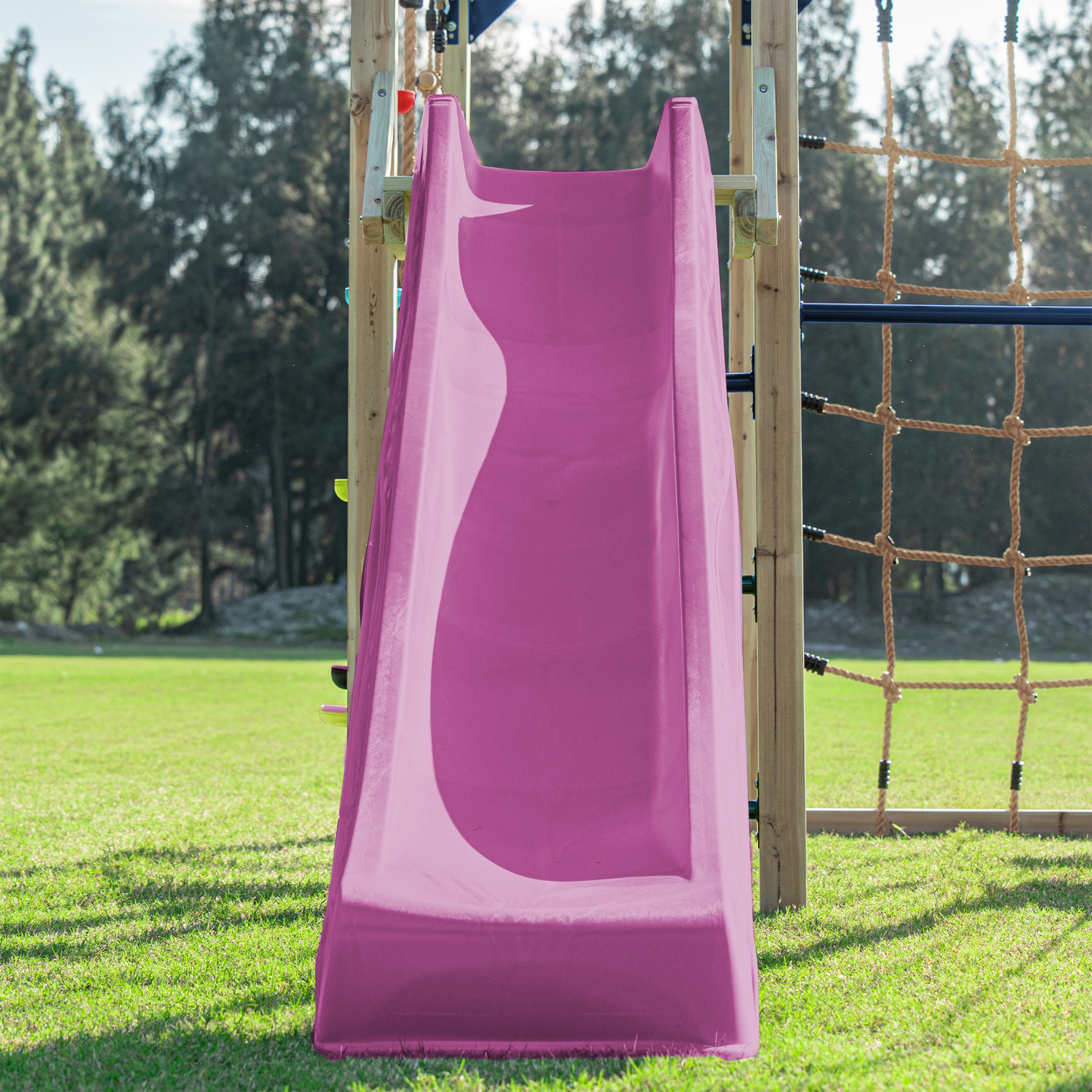 AXI Boris Wooden Playcentre with Swings. Trapeze. Climbing Nets and Monkey Bars – Purple Slide-8720365066665 AXI Boris Wooden Playcentre with Swings. Trapeze. Climbing Nets and Monkey Bars – Purple Slide